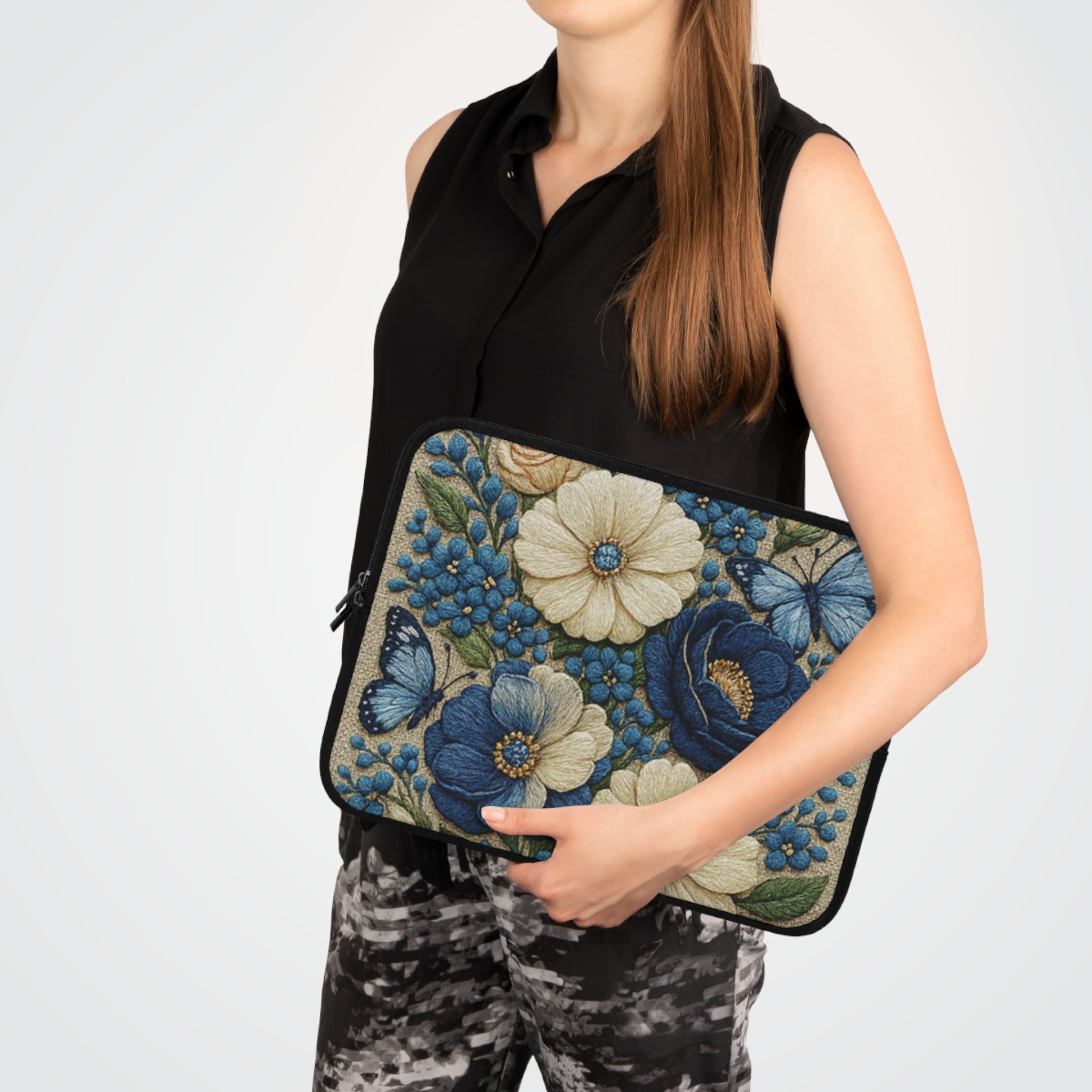 Wild Beauty Floral Laptop Sleeve | Blue Cream Botanical Neoprene Case with Zipper | Cottagecore Tech Bag