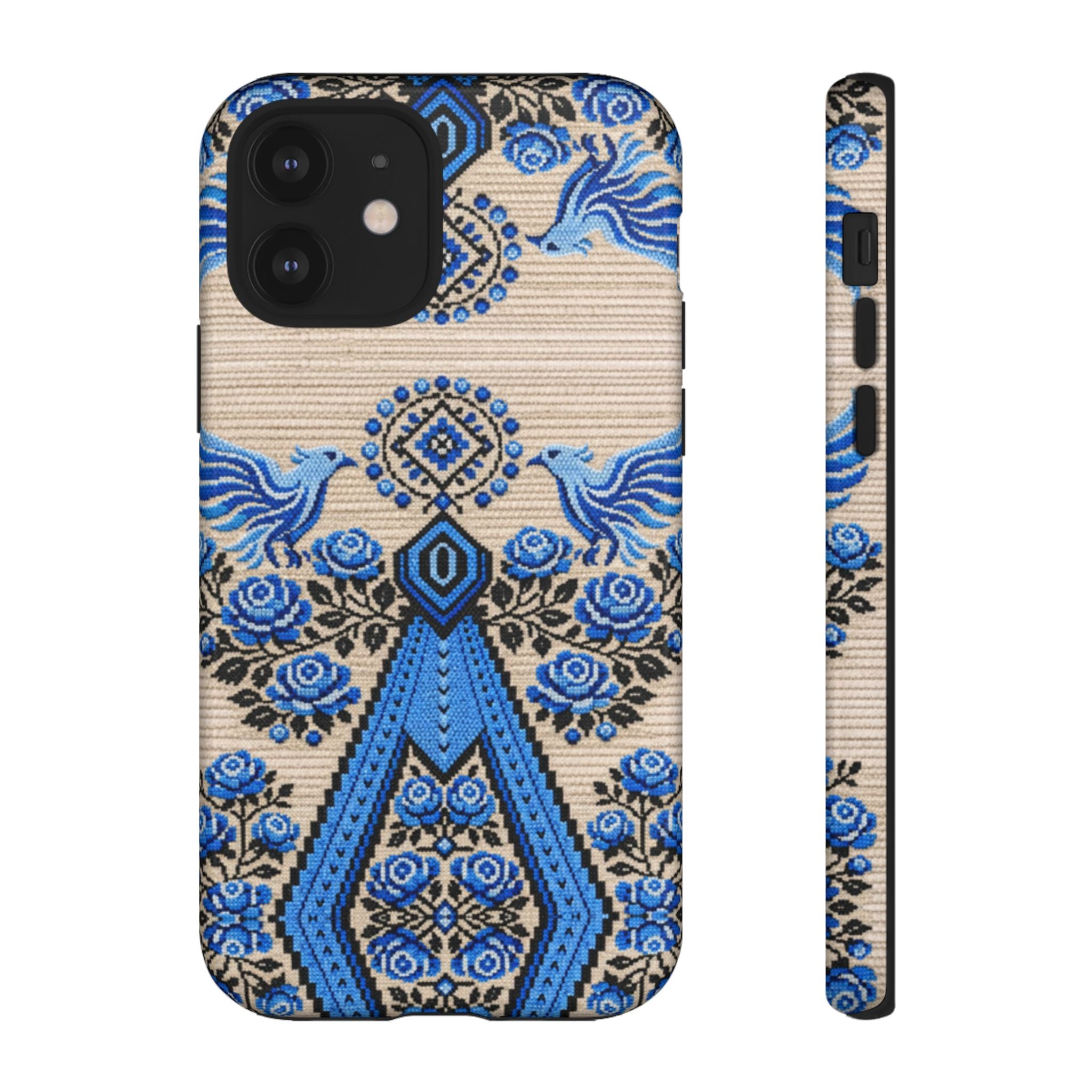 Ukrainian Phone Case  Blue Black Berehynia Design, Falcons & Roses Folk Art, Slavic Embroidery Style Protective Cover