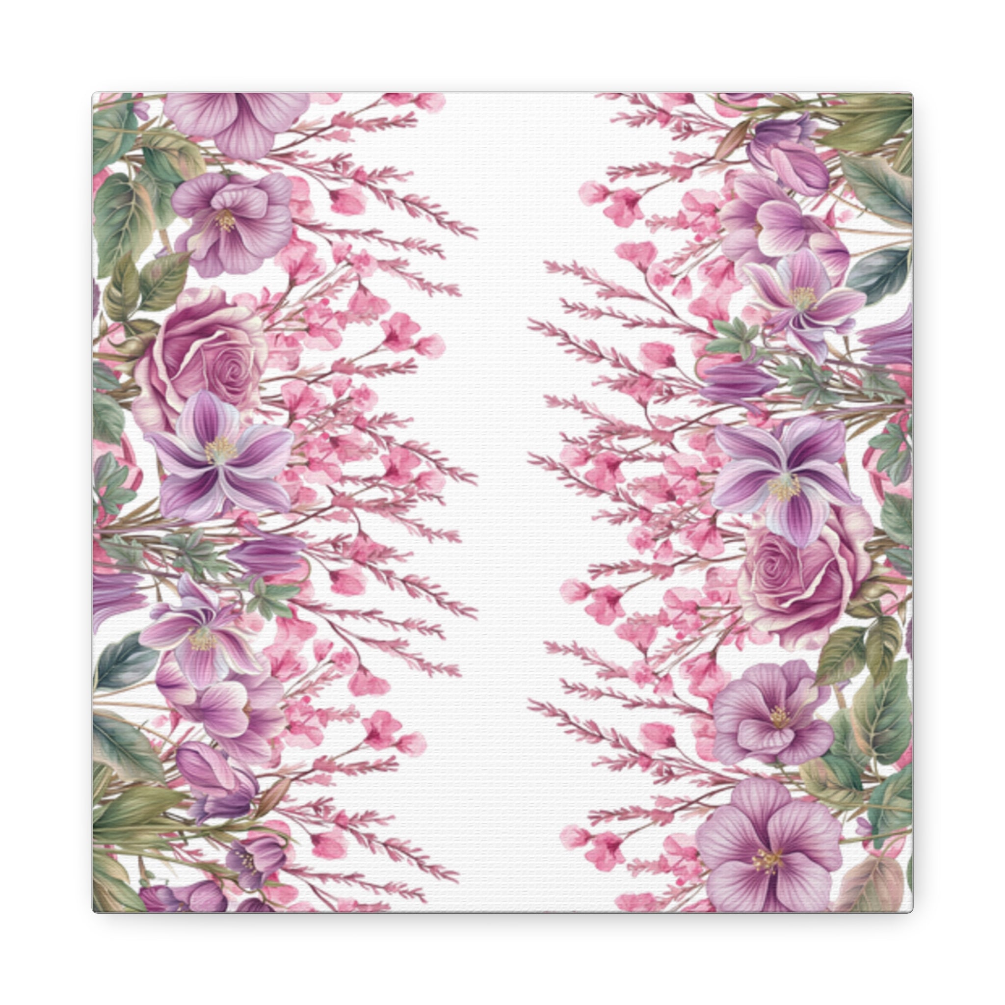 Floral Matte Canvas Wall Art, Pink Purple Botanical Print, Modern Symmetrical Flower Design, Stretched 1.25" Canvas Home Decor
