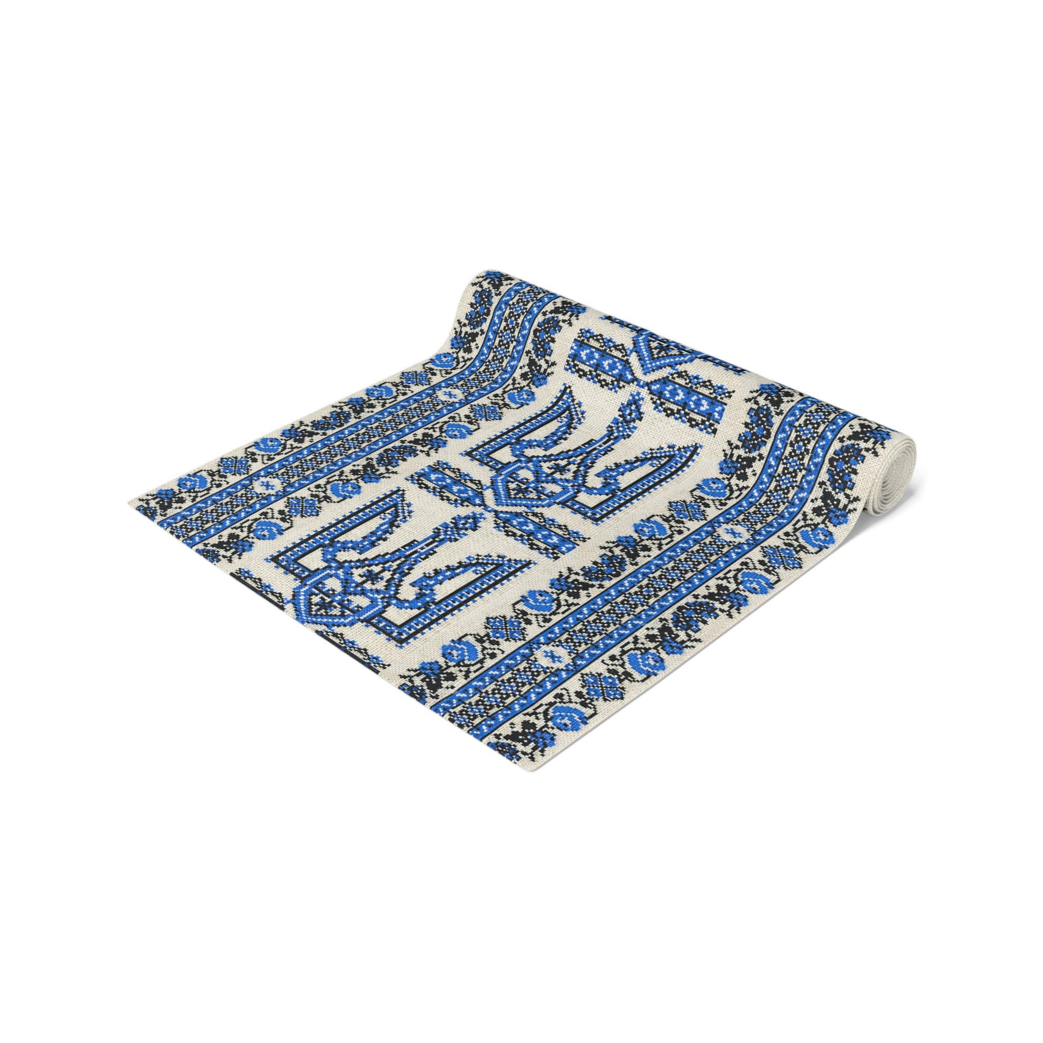 Ukrainian Trident Blue Table Runner | Tryzub Folk Decor | Cotton or Polyester