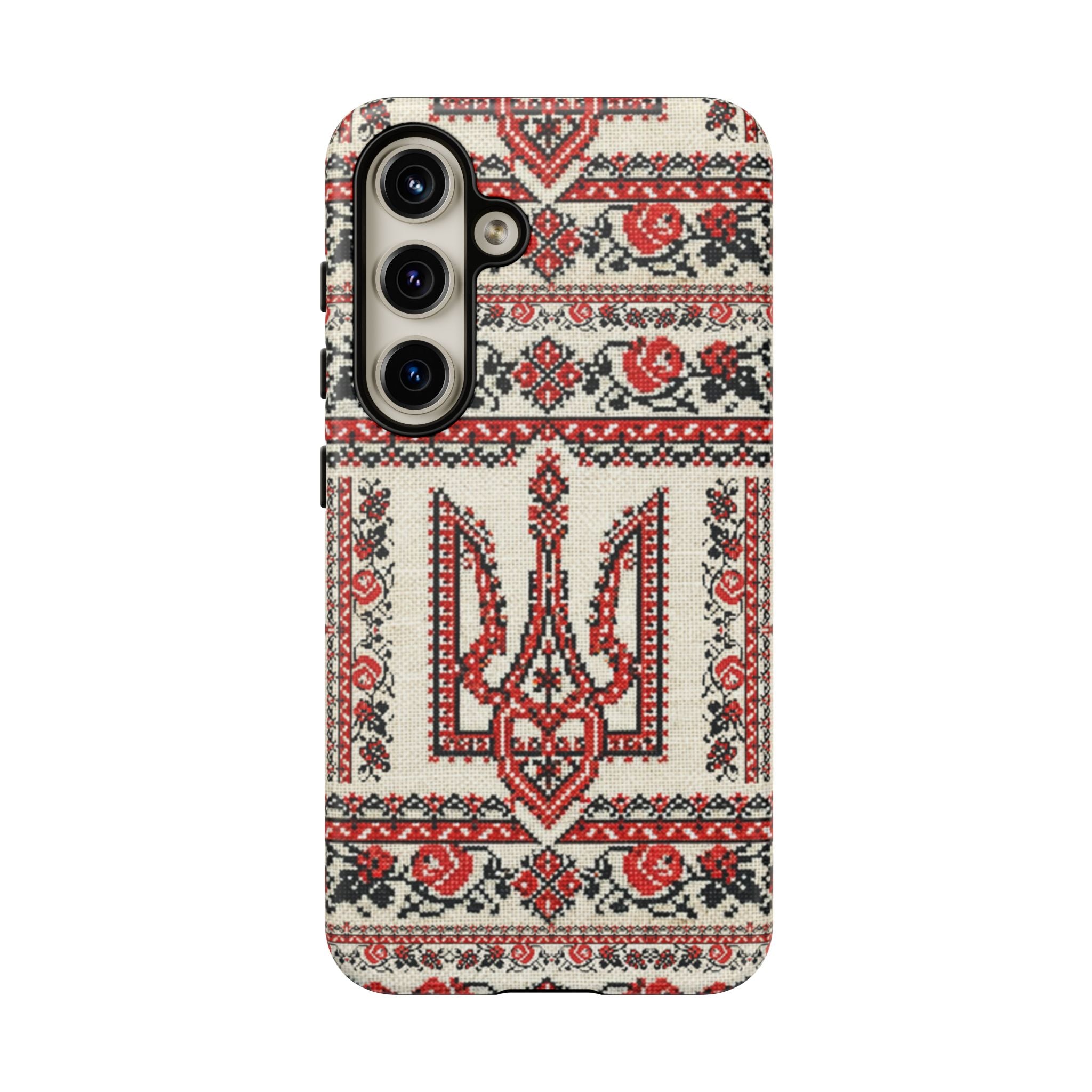 Ukrainian Trident Embroidery Phone Case • Red Black Trident Pattern • Protective Folk Art Cover for iPhone & Samsung