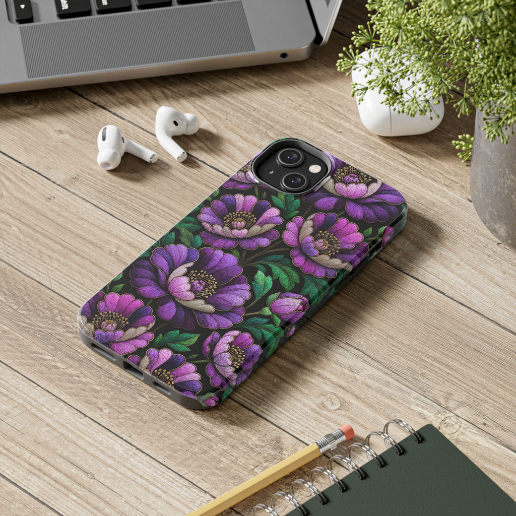 Petrykivka Bloom Phone Case | Purple Floral Tough Phone Case | Moody Embroidered Look Botanical Phone Cover