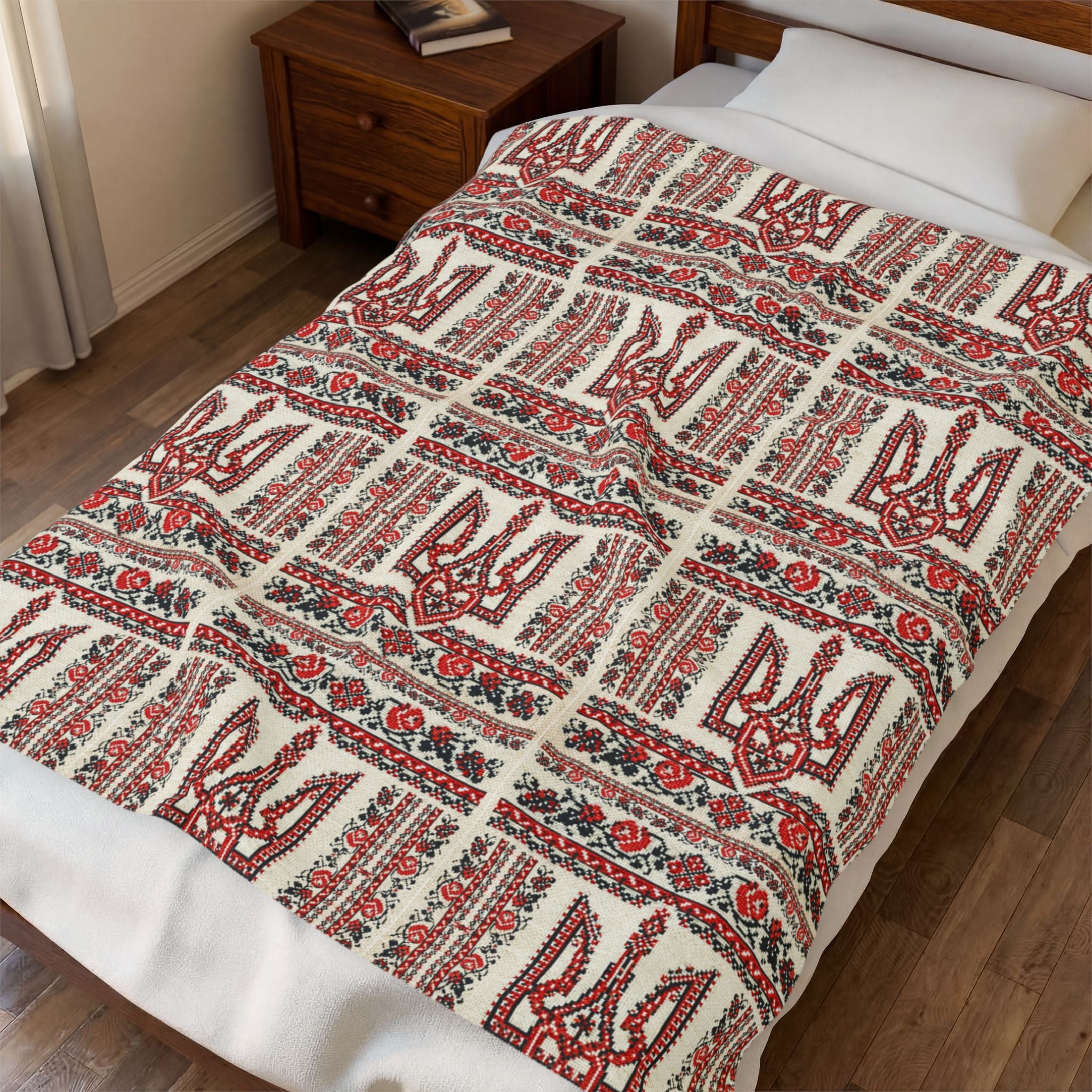 Tryzub Velvet Plush Blanket, Soft Red Black Embroidery Pattern, Ukrainian Folk Art Trident Throw