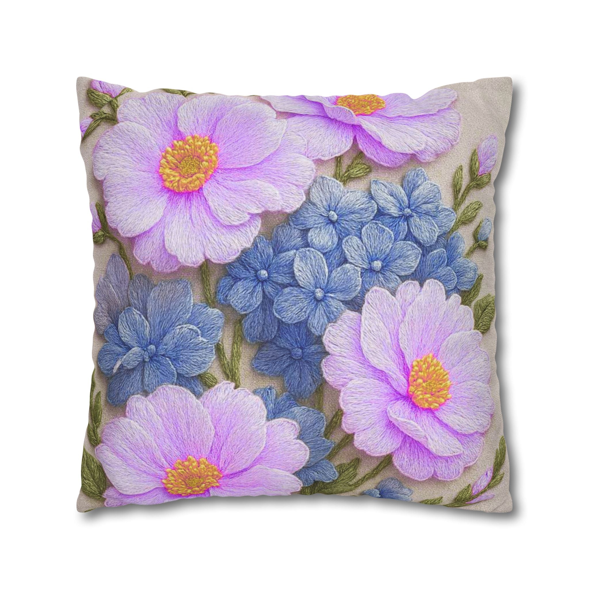 Pink Daisy and Blue Hydrangea Throw Pillow Cover, Floral Square Pillowcase, Alexandra Bloom Collection, Cottagecore Decorative Cushion