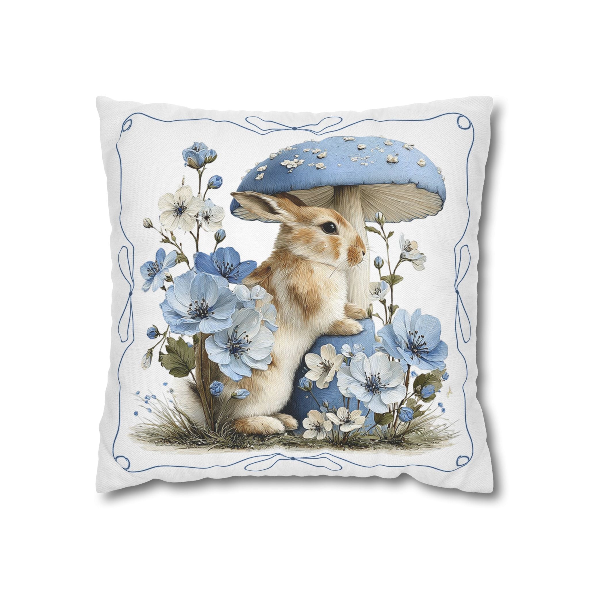 Blue Floral Bunny Collage Pillowcase | Square Decorative Pillowcase