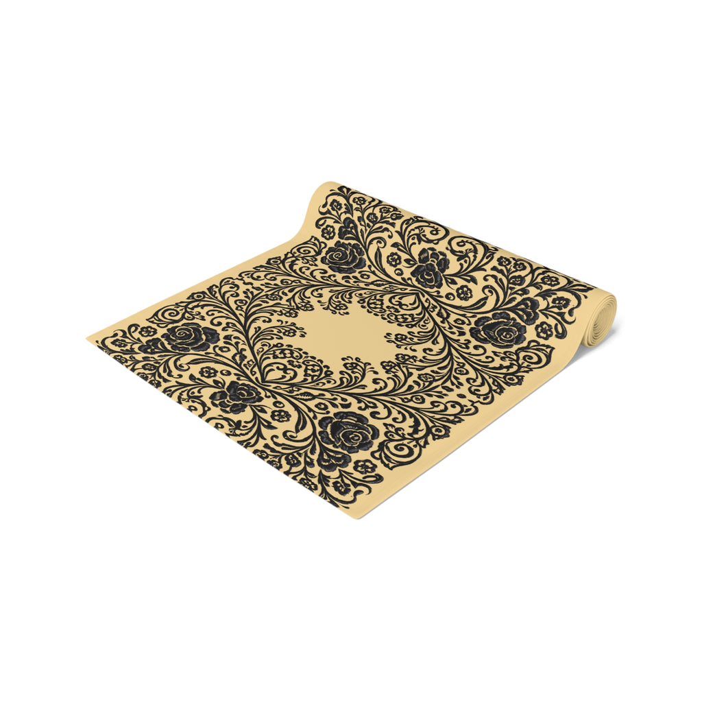 Vintage Baroque Floral Table Runner | Damask Cream & Black | BLUESKYDEZIGN