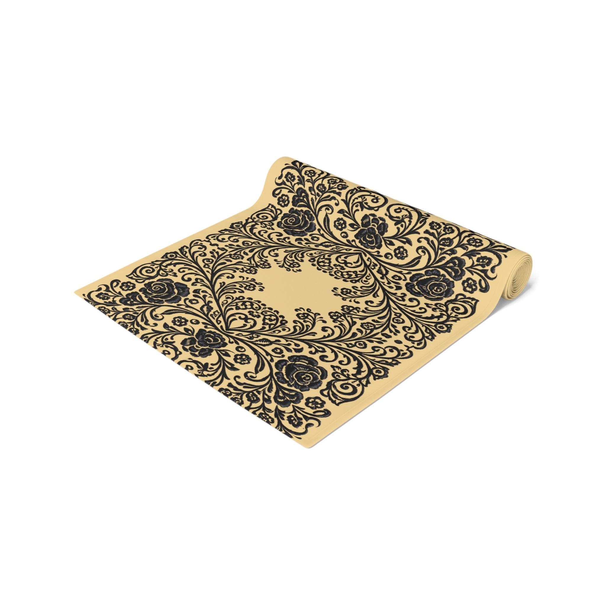 Vintage Baroque Floral Table Runner | Damask Cream & Black | BLUESKYDEZIGN