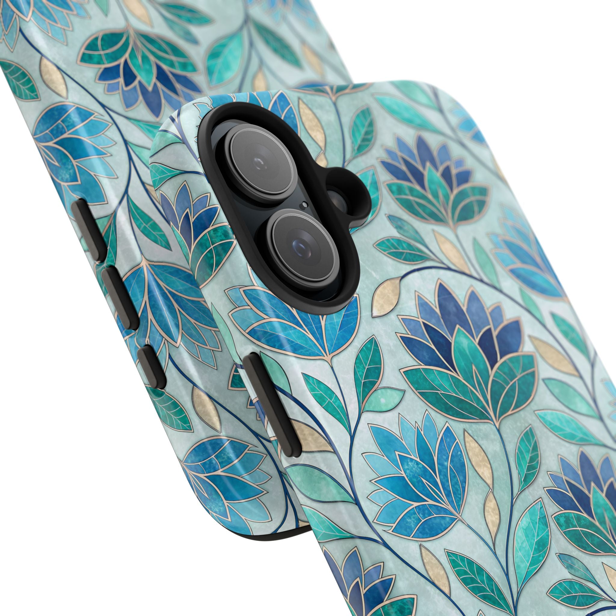 Mosaic stained glass phone case with vibrant teal blue and green floral watercolor pattern — artistic mosaic-inspired design in full-wrap print, dual-layer shockproof iPhone cover in glossy or matte finish

