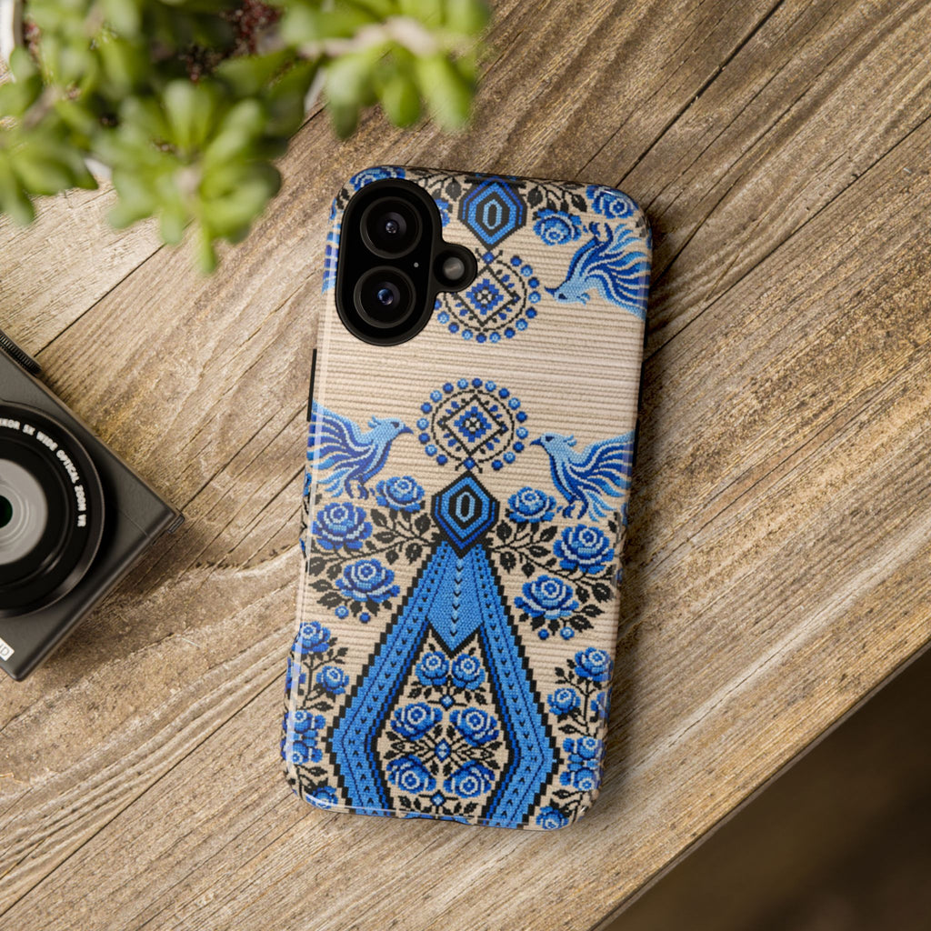 Ukrainian Phone Case  Blue Black Berehynia Design, Falcons & Roses Folk Art, Slavic Embroidery Style Protective Cover