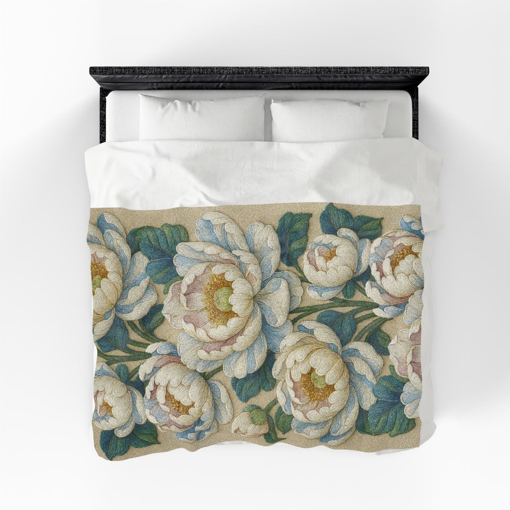 Petrykivka Bloom Blanket – White Peony Velvet Plush Throw, Sage Green Cottagecore