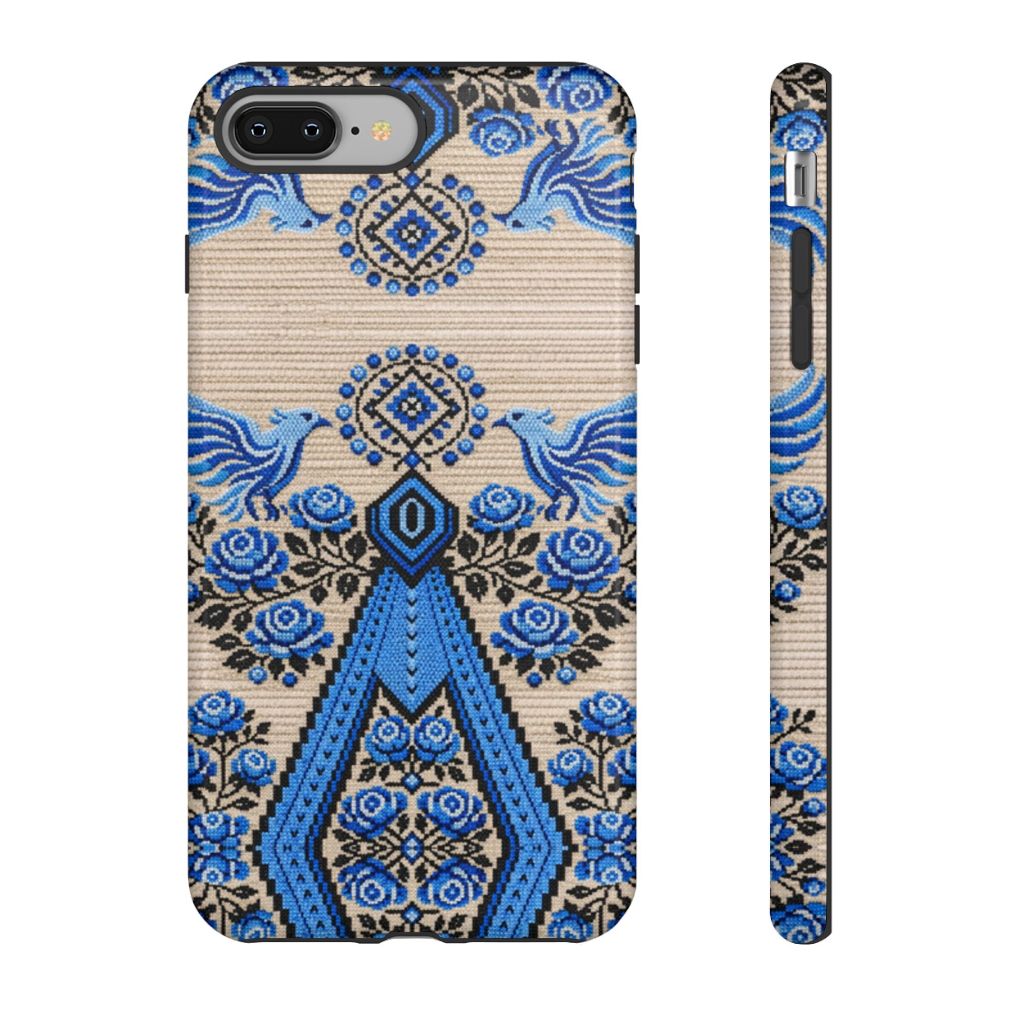 Ukrainian Berehynia phone case with blue black folk art pattern