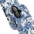 Blue toile chinoiserie phone case with vintage indigo floral pattern — delicate birds, blooms and branches in classic blue and white, dual-layer shockproof iPhone cover in glossy or matte finish

