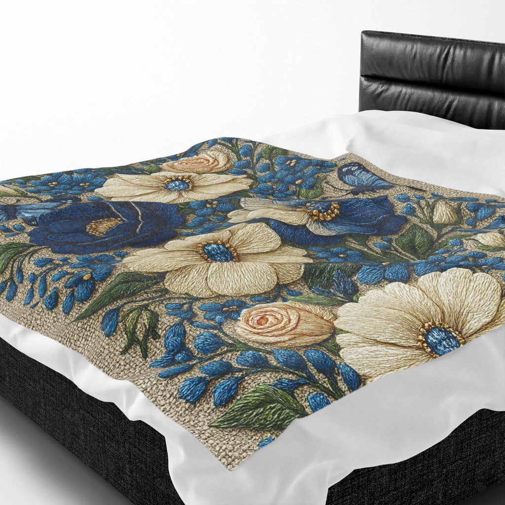Wild Beauty Floral Velveteen Throw Blanket – Blue & Cream Botanical Design