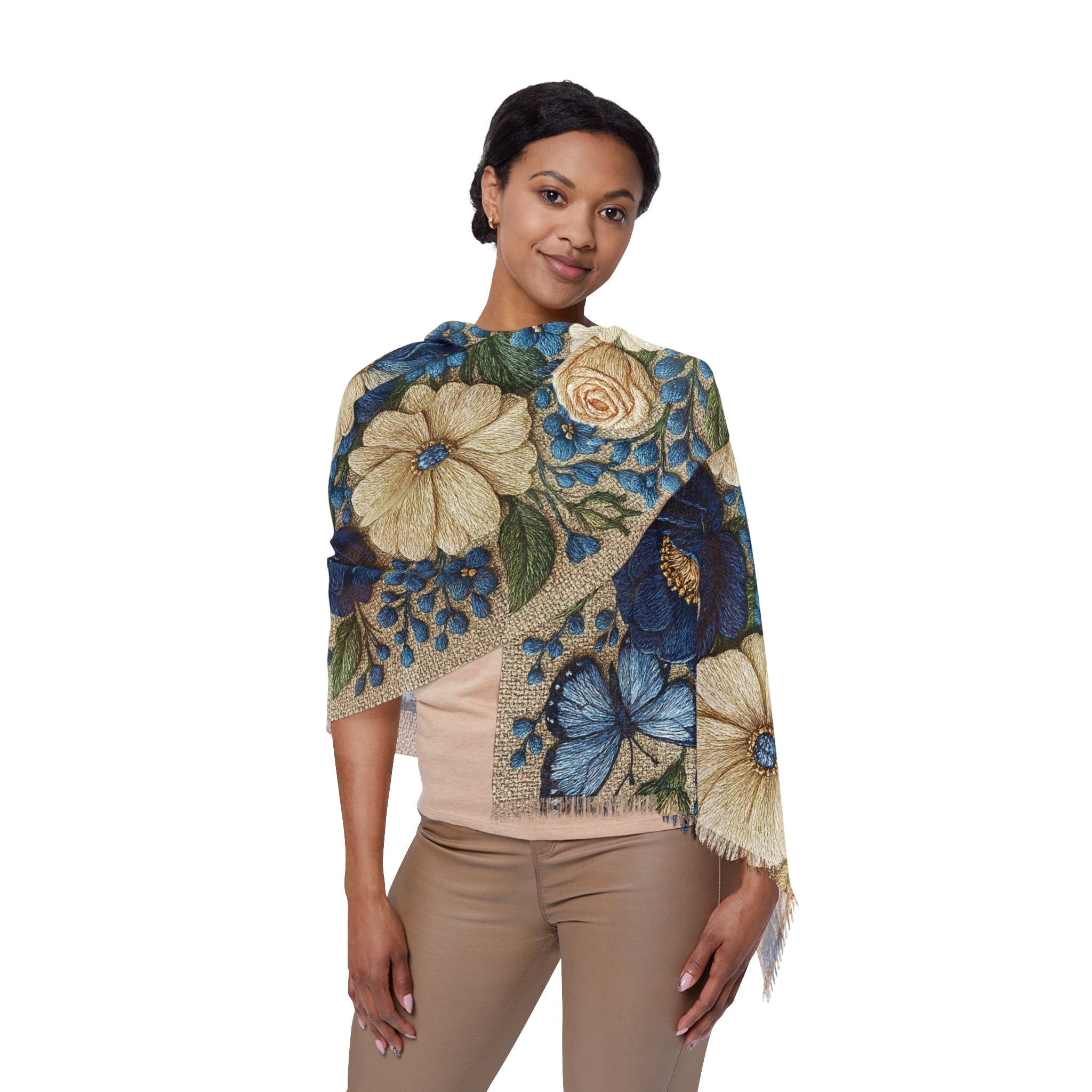 Wild Beauty Floral Scarf – Blue & Cream Botanical Shawl Wrap