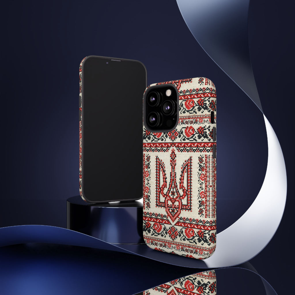 Ukrainian Trident Embroidery Phone Case • Red Black Trident Pattern • Protective Folk Art Cover for iPhone & Samsung