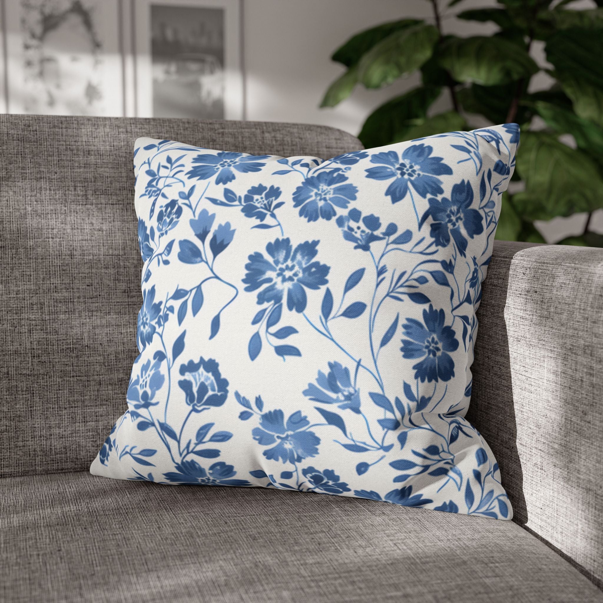 Blue Floral Pillowcase , Spun Polyester Square Throw Pillow Cover, Elegant Botanical Home Decor for Living Room  Bedroom