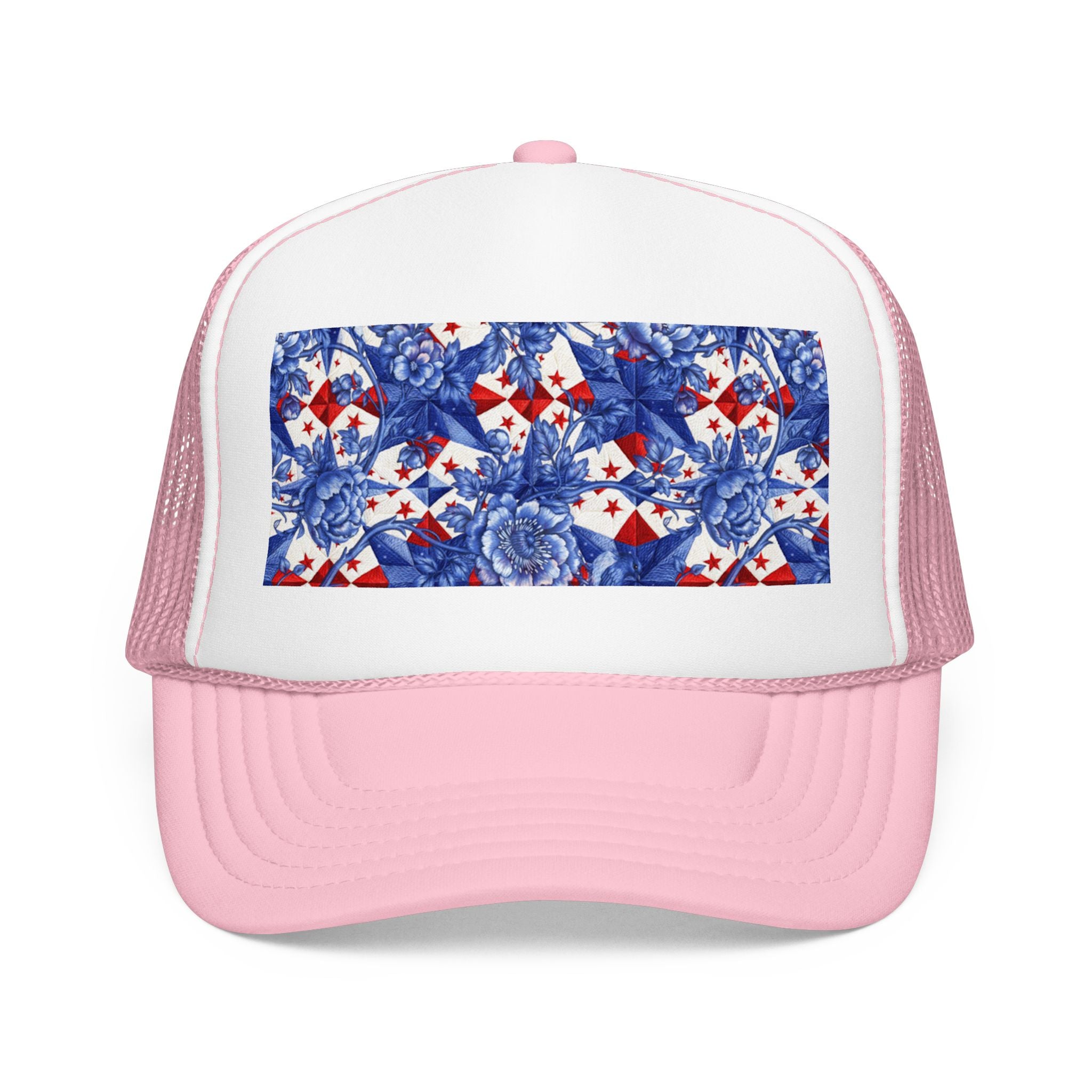 America 250th Anniversary Trucker Hat | Patriotic Toile Floral & Stars | BLUESKYDEZIGN