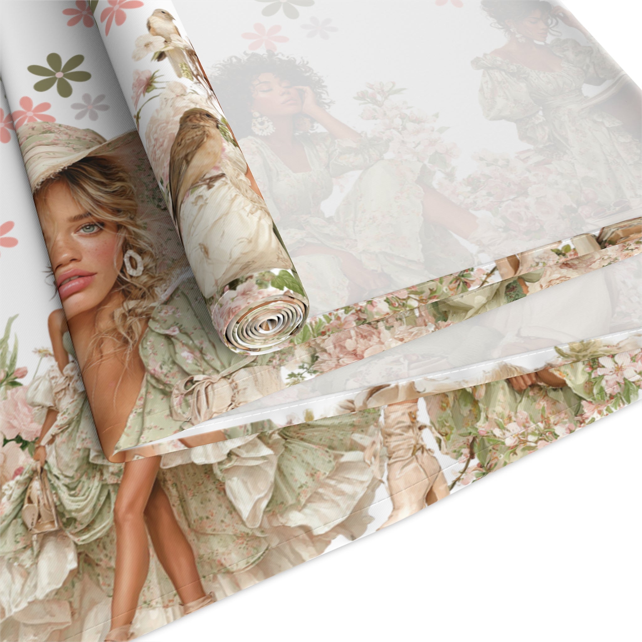 Vintage Floral Women Table Runner, Cotton  Polyester, Artistic Spring Table Decor, Pink  Green Flower Pattern, 16×72, 16×90