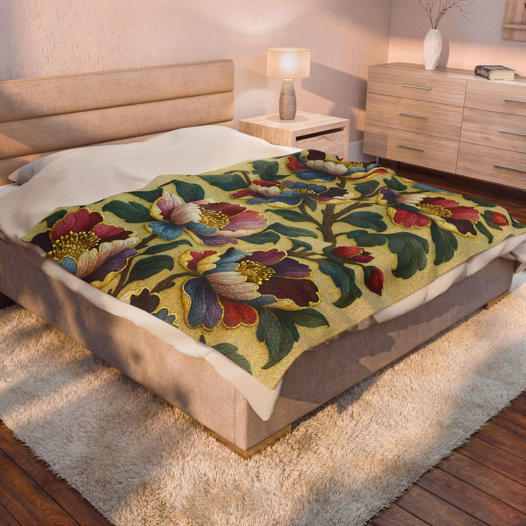 Petrykivka Bloom Blanket | Ukrainian Folk Art Floral Velveteen Throw