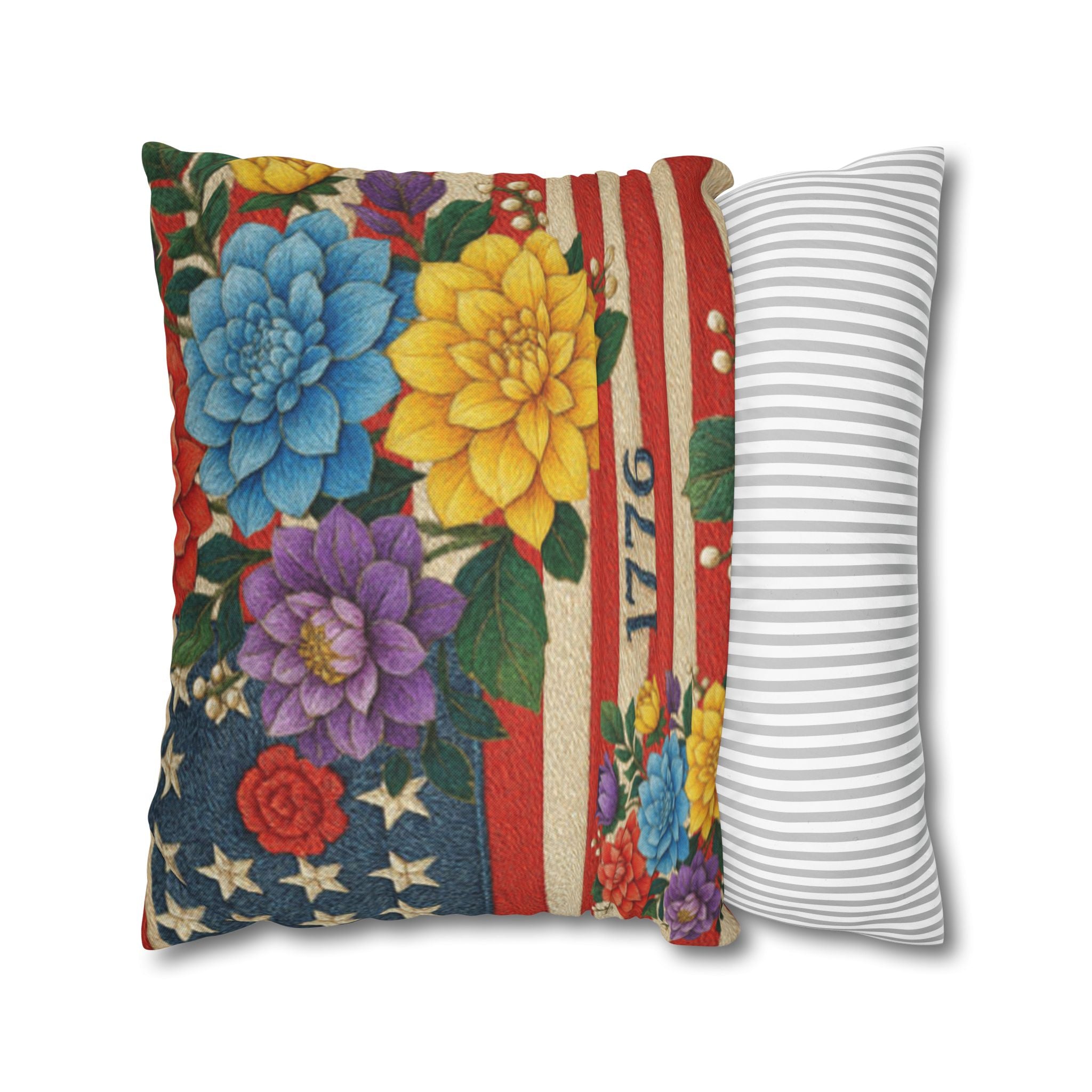 1776 American Flag Floral Pillowcase | Patriotic 4th of July Cushion Cover | Americana Decor