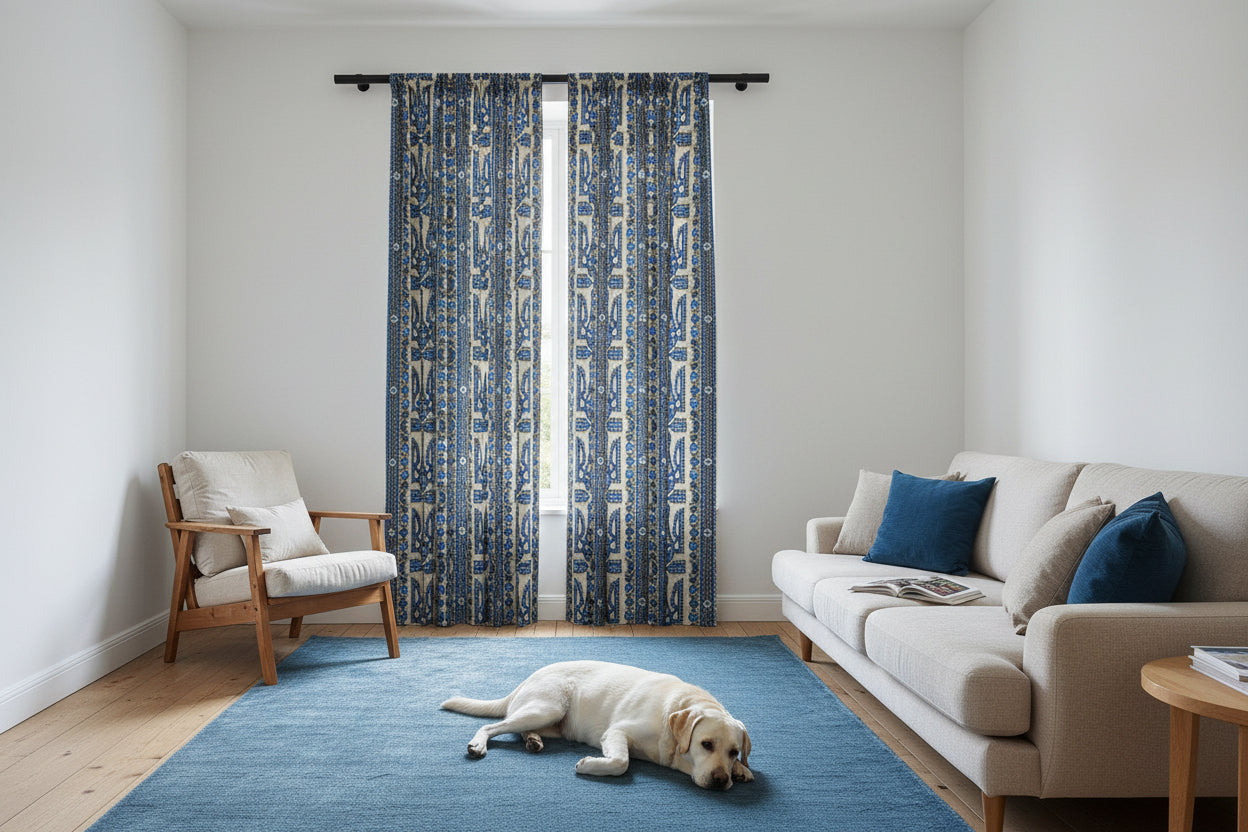 Ukrainian Trident Blue Sheer Curtain | Tryzub Folk Decor | Artist-Designed