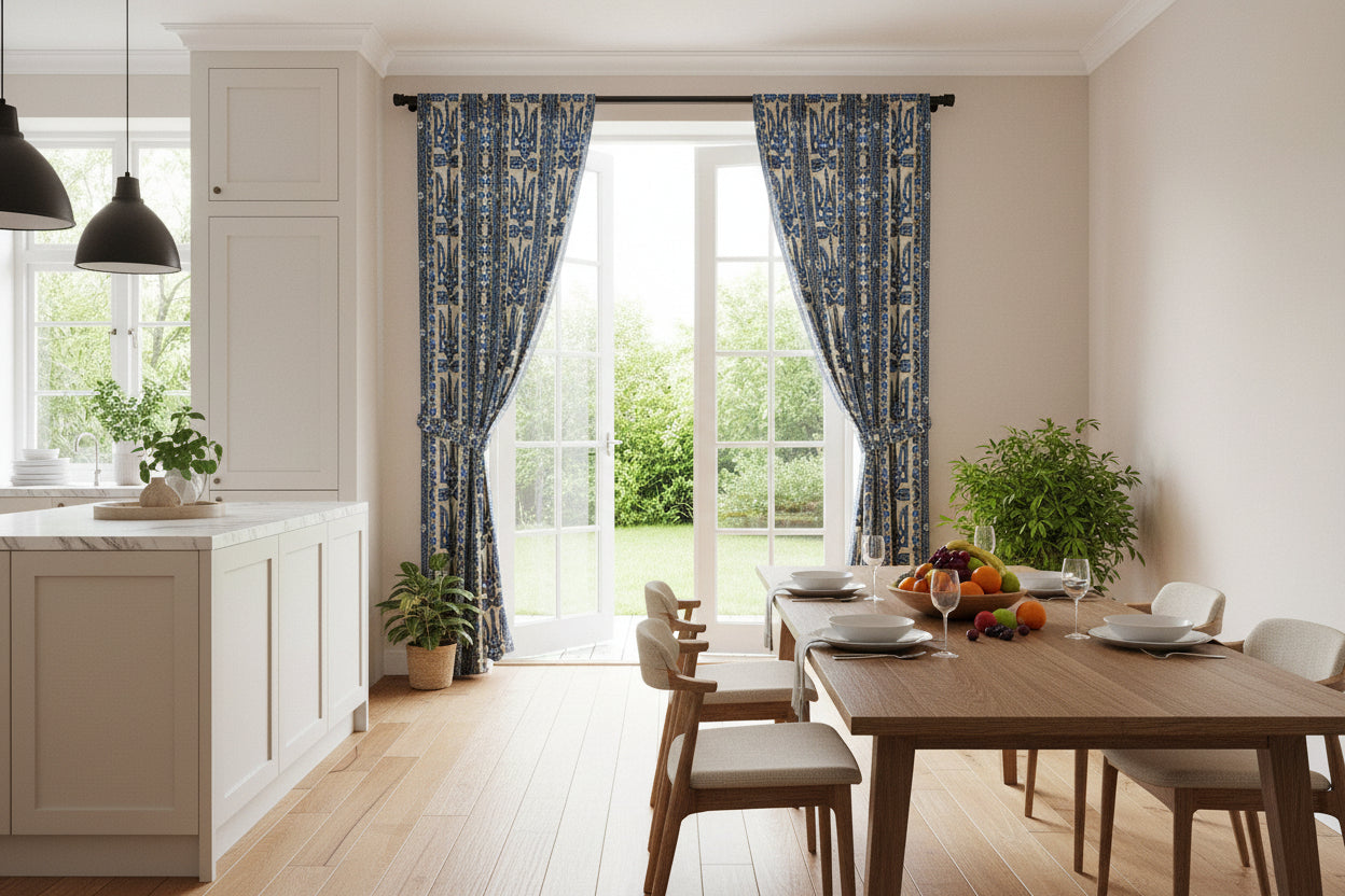 Ukrainian Trident Blue Sheer Curtain | Tryzub Folk Decor | Artist-Designed
