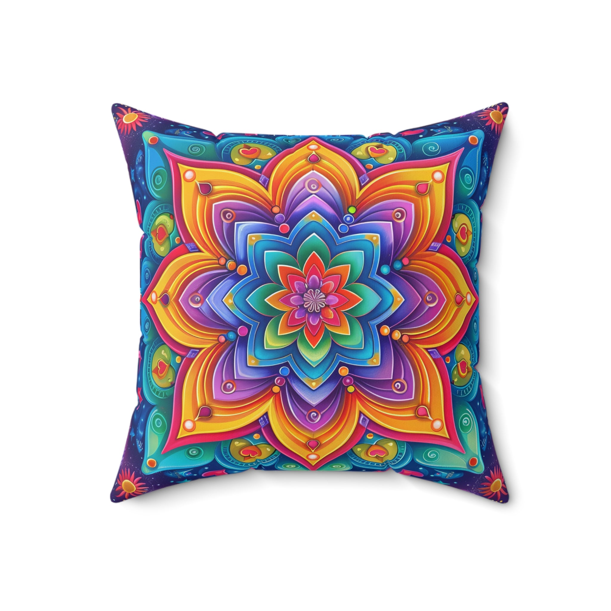 Rainbow Floral Mandala Spun Polyester Square Pillow, Colorful Boho Home Decor, gift for parents, housewarming, cottage core
