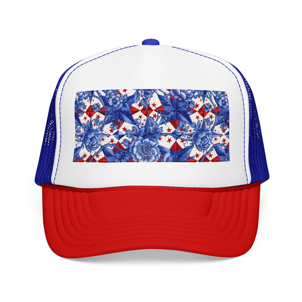 America 250th Anniversary Trucker Hat | Patriotic Toile Floral & Stars | BLUESKYDEZIGN