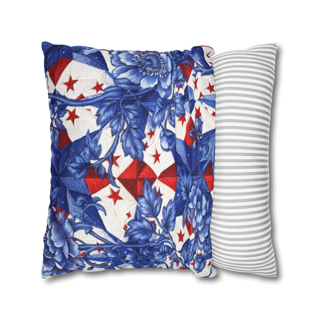 America 250th Anniversary Pillowcase - Patriotic Blue & Red Kaleidoscope Toile Floral Throw Pillow Cover
