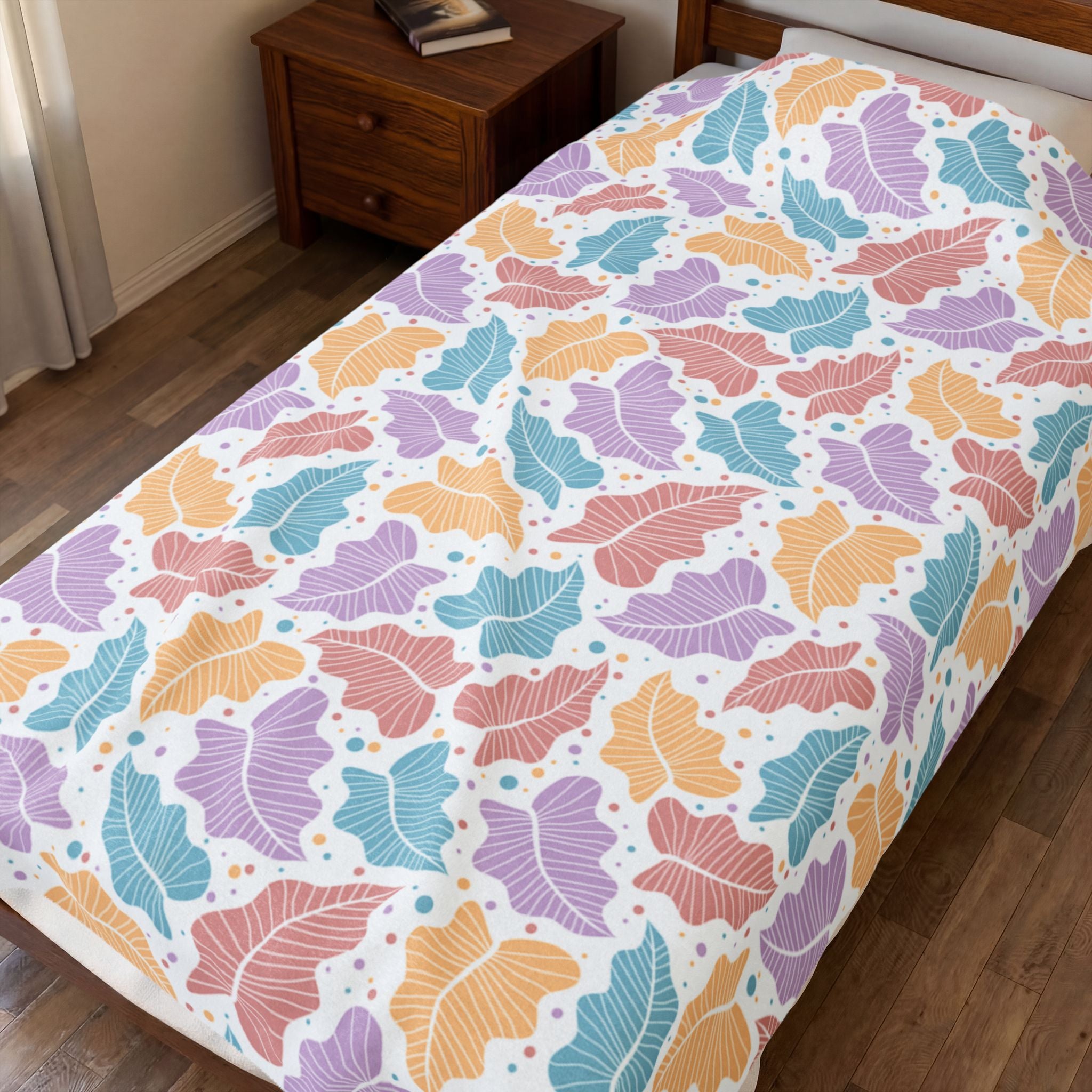 Pastel Leaf Pattern Velveteen Plush Blanket,Colorful Botanical Throw,Gift for parents,Lap Blanket,decor bedroom, housewarming,cottage core