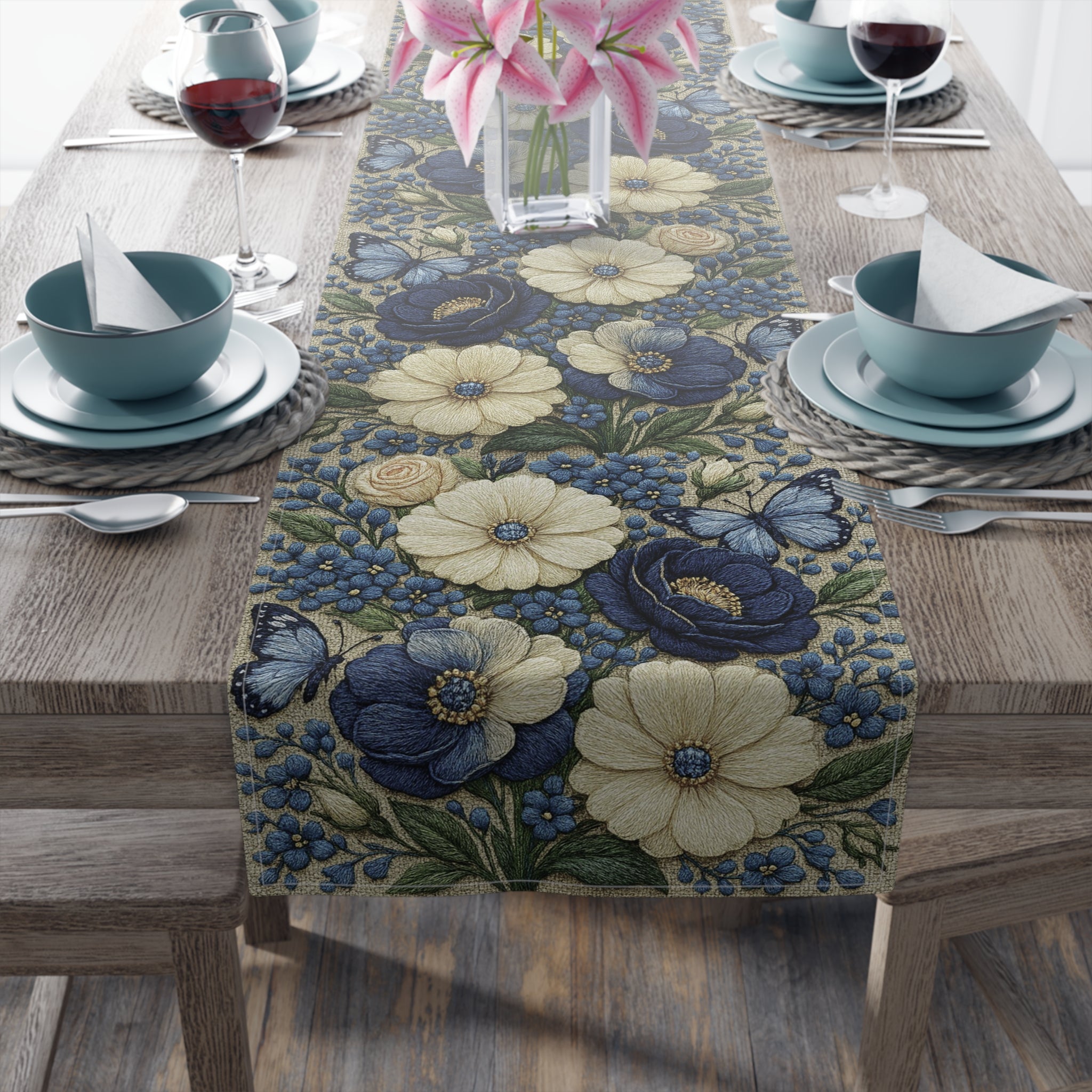 Wild Beauty Floral Table Runner – Blue & Cream Botanical Design