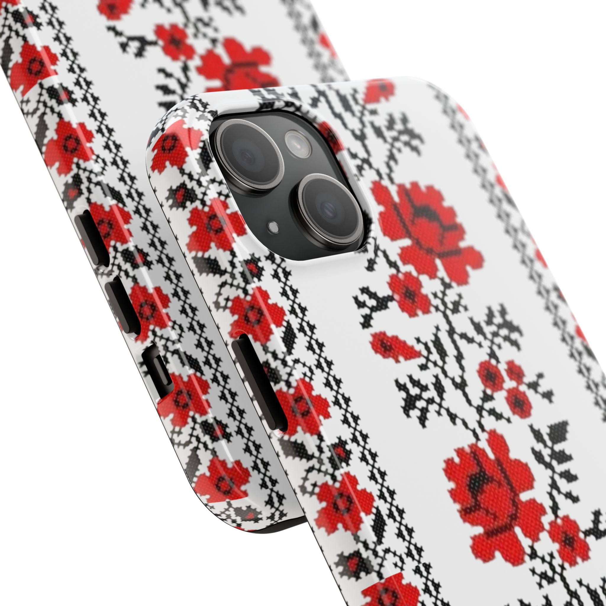 BLUESKYDEZIGN | Ukrainian Embroidery Phone Case | Red Black Cross-Stitch Folk Pattern iPhone Cover | Heritage Gift