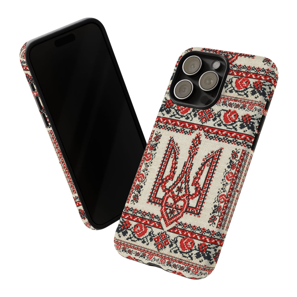 Ukrainian Trident Embroidery Phone Case • Red Black Trident Pattern • Protective Folk Art Cover for iPhone & Samsung