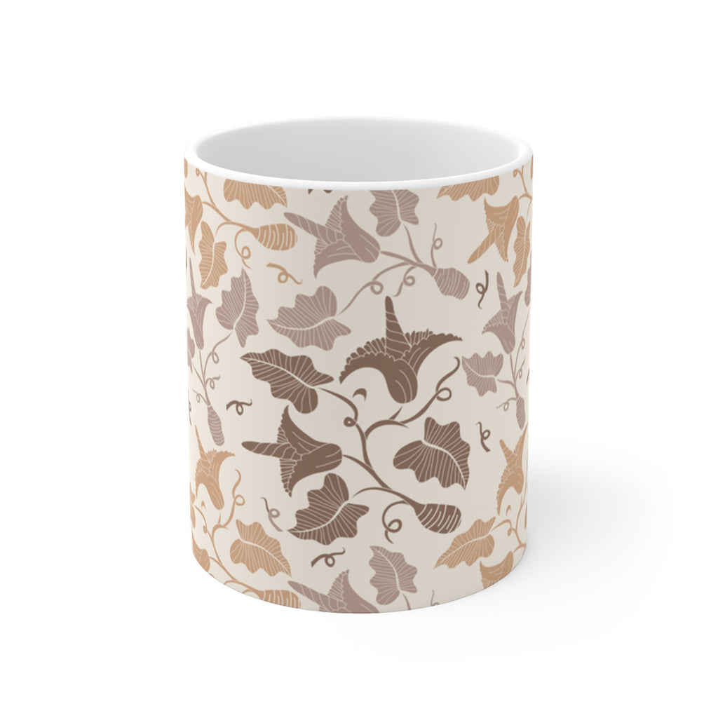 Beige Botanical Leaf Ceramic Mug 11oz - Cottagecore Coffee Cup, Neutral Kitchen Decor, Gift for Her