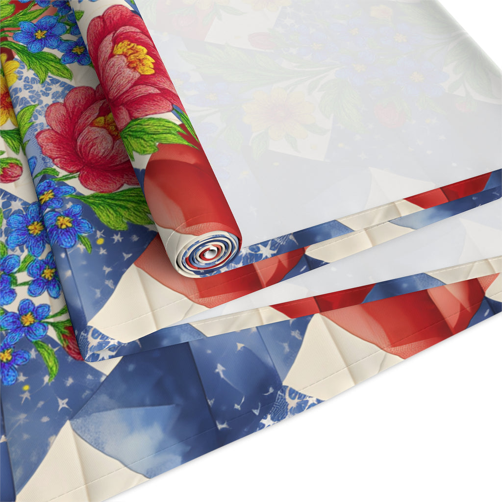 American Cozy Floral Table Runner - Patriotic Blue Geometric & Rose Bouquet Decor