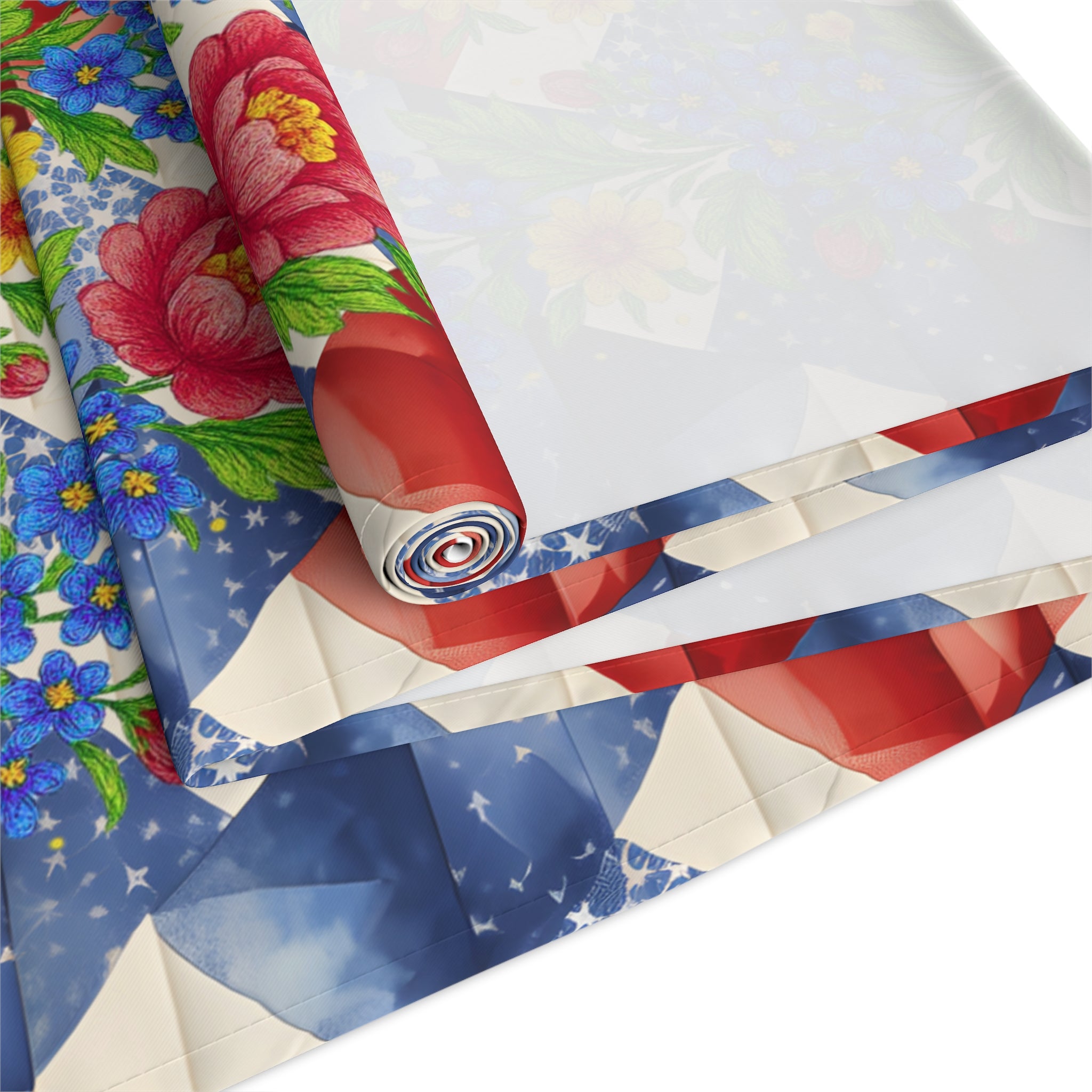 American Cozy Floral Table Runner - Patriotic Blue Geometric & Rose Bouquet Decor