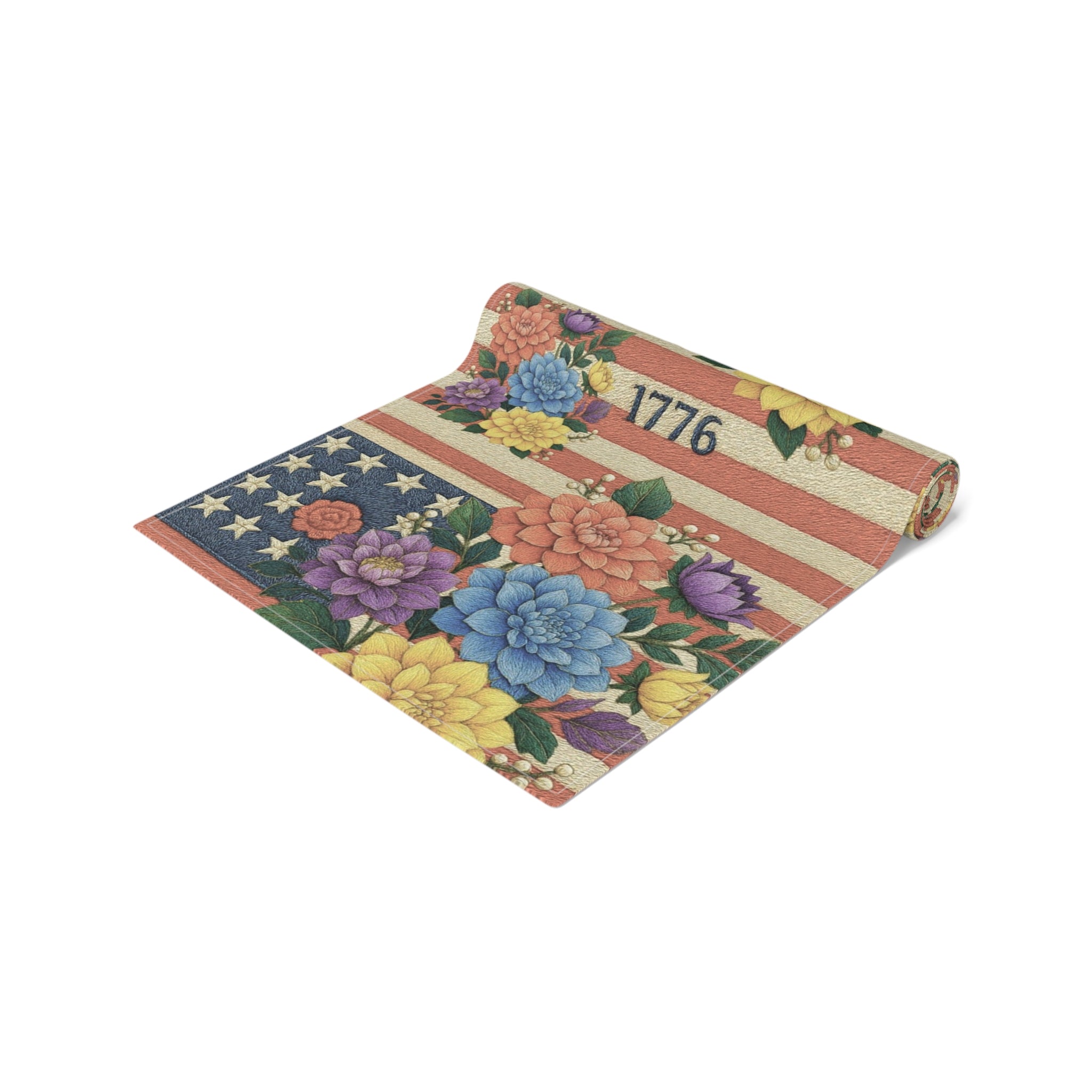 BLUESKYDEZIGN | 1776 Patriotic Floral Table Runner | American Flag Stars & Flowers | 4th of July Dining Decor