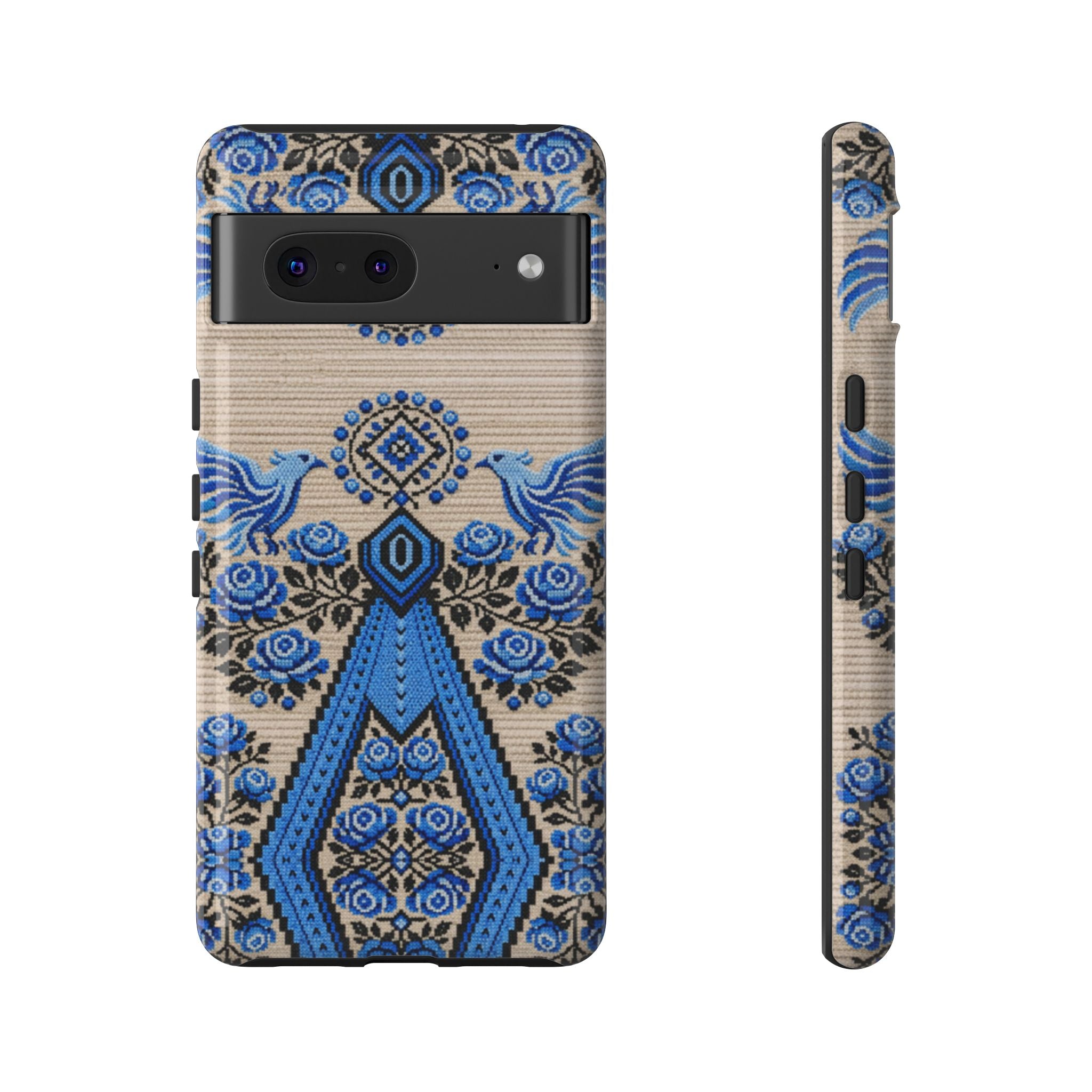 Ukrainian Phone Case  Blue Black Berehynia Design, Falcons & Roses Folk Art, Slavic Embroidery Style Protective Cover