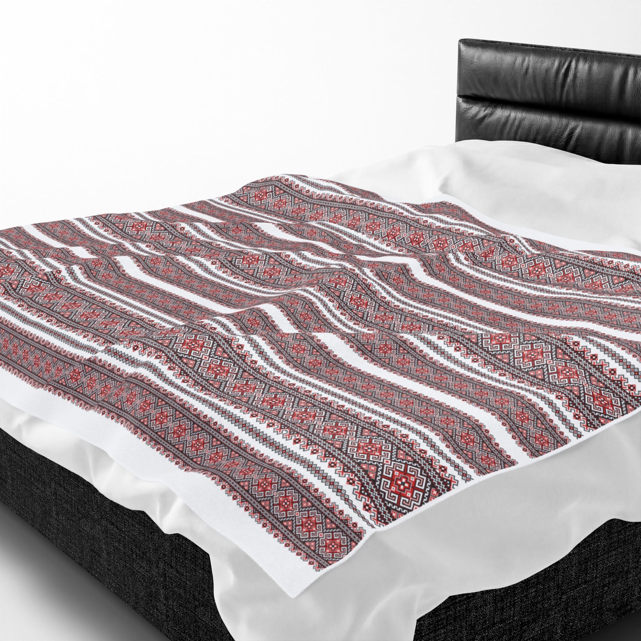 Velvet Plush Ukrainian Blanket, Red Black Folk Pattern, Soft Cozy Throw in 3 Sizes, Traditional Slavic Geometric Design