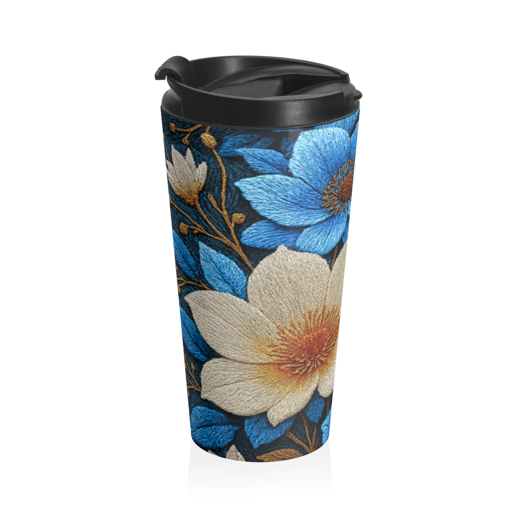 Midnight Symphony Floral Travel Mug – Navy Blue & Cream Botanical Tumbler, 15oz Insulated Coffee Cup