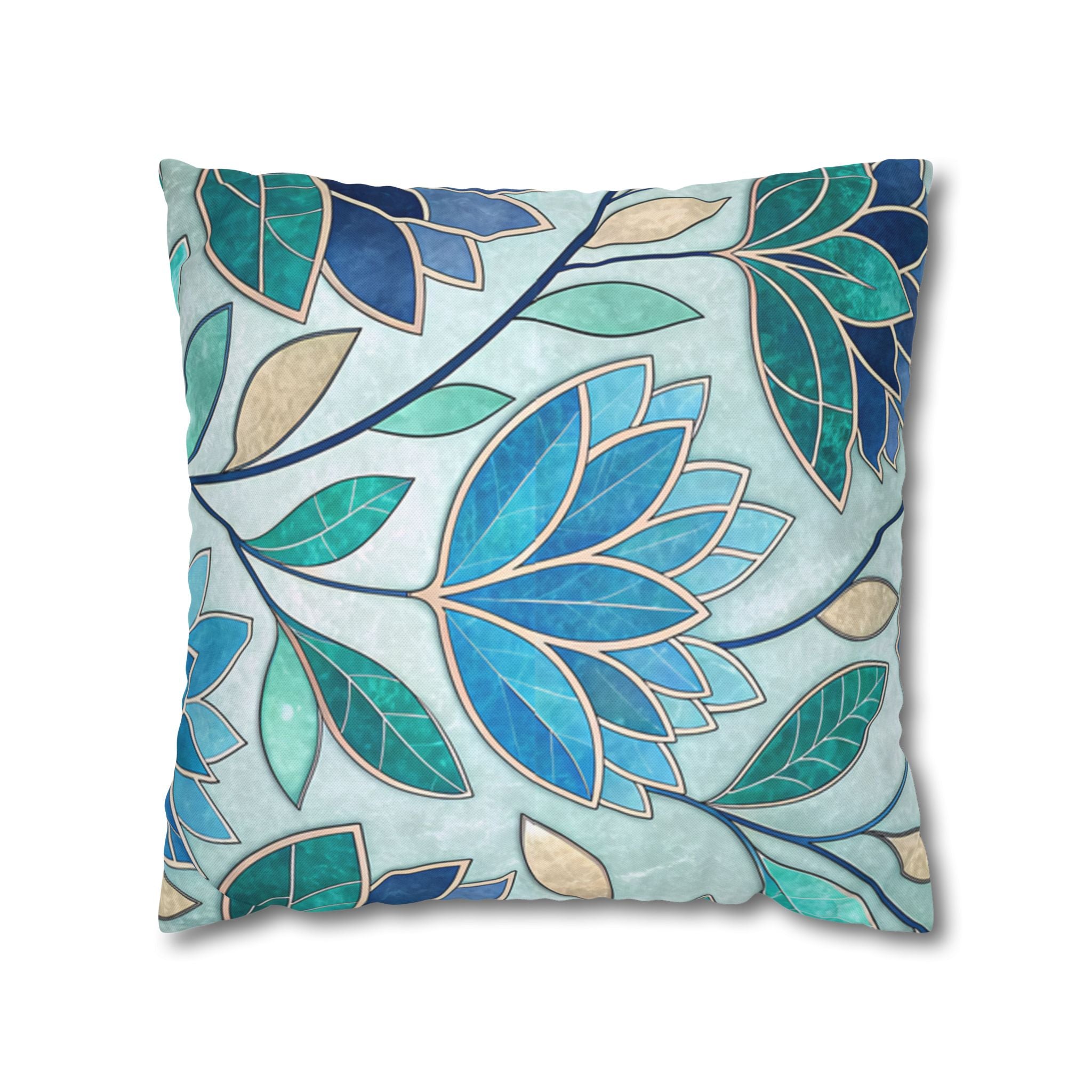 Mosaic Pillowcase 1piece, Stained Glass Style Floral Cushion Covers, Teal Blue Decorative Polyester Throw Pillowcases