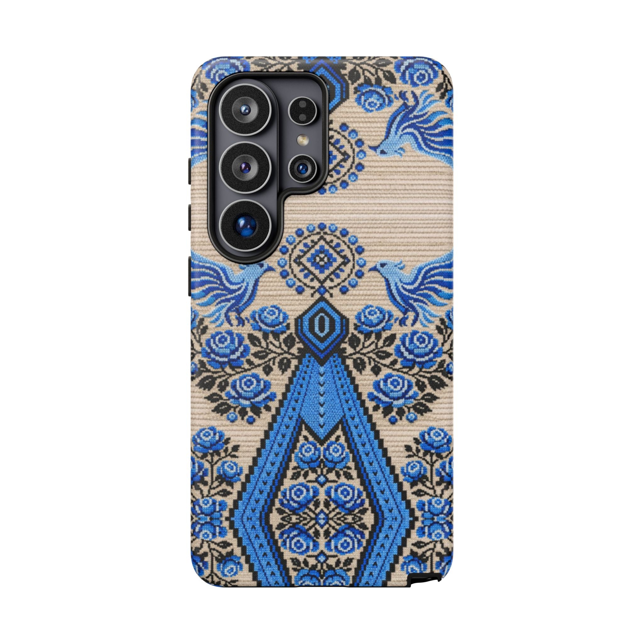 Ukrainian Phone Case  Blue Black Berehynia Design, Falcons & Roses Folk Art, Slavic Embroidery Style Protective Cover