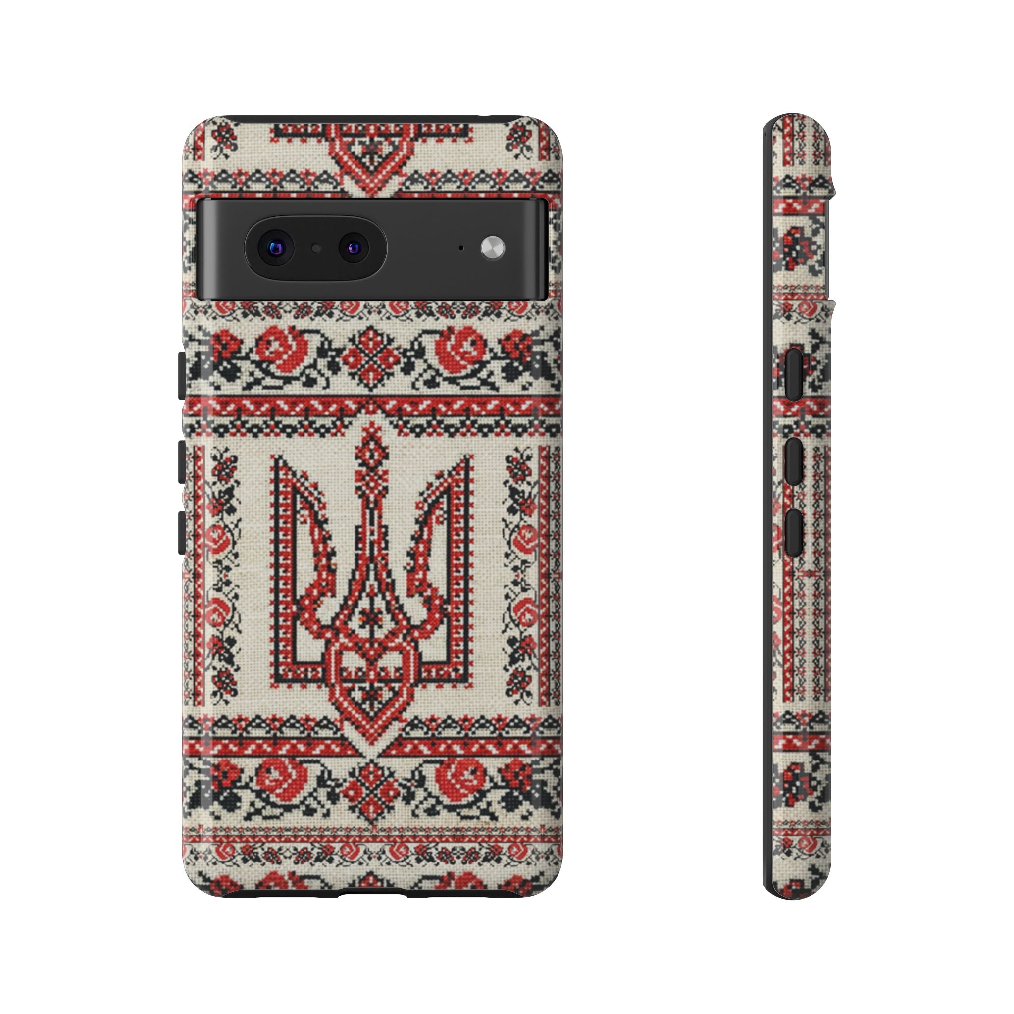 Ukrainian Trident Embroidery Phone Case • Red Black Trident Pattern • Protective Folk Art Cover for iPhone & Samsung