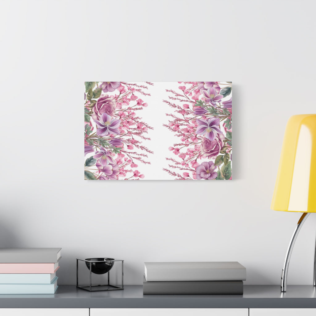 Floral Matte Canvas Wall Art, Pink Purple Botanical Print, Modern Symmetrical Flower Design, Stretched 1.25" Canvas Home Decor