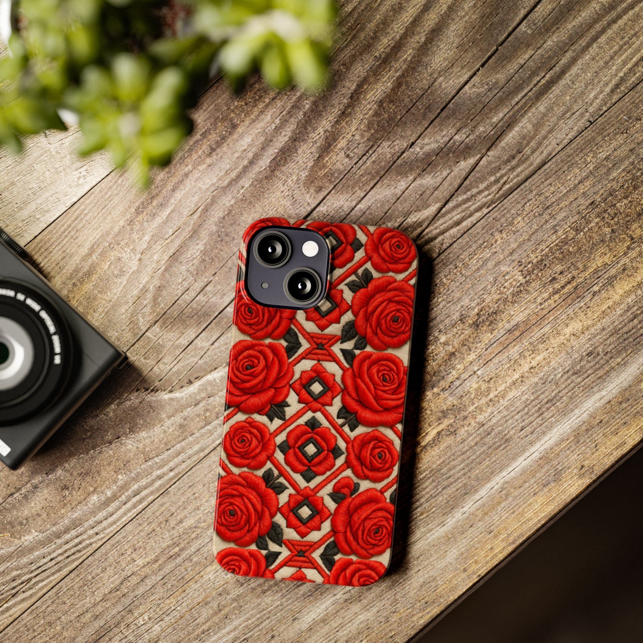 Red Roses iPhone Case | Vintage Floral Geometric Slim Cover | Glossy Protective Tech Gift for Her