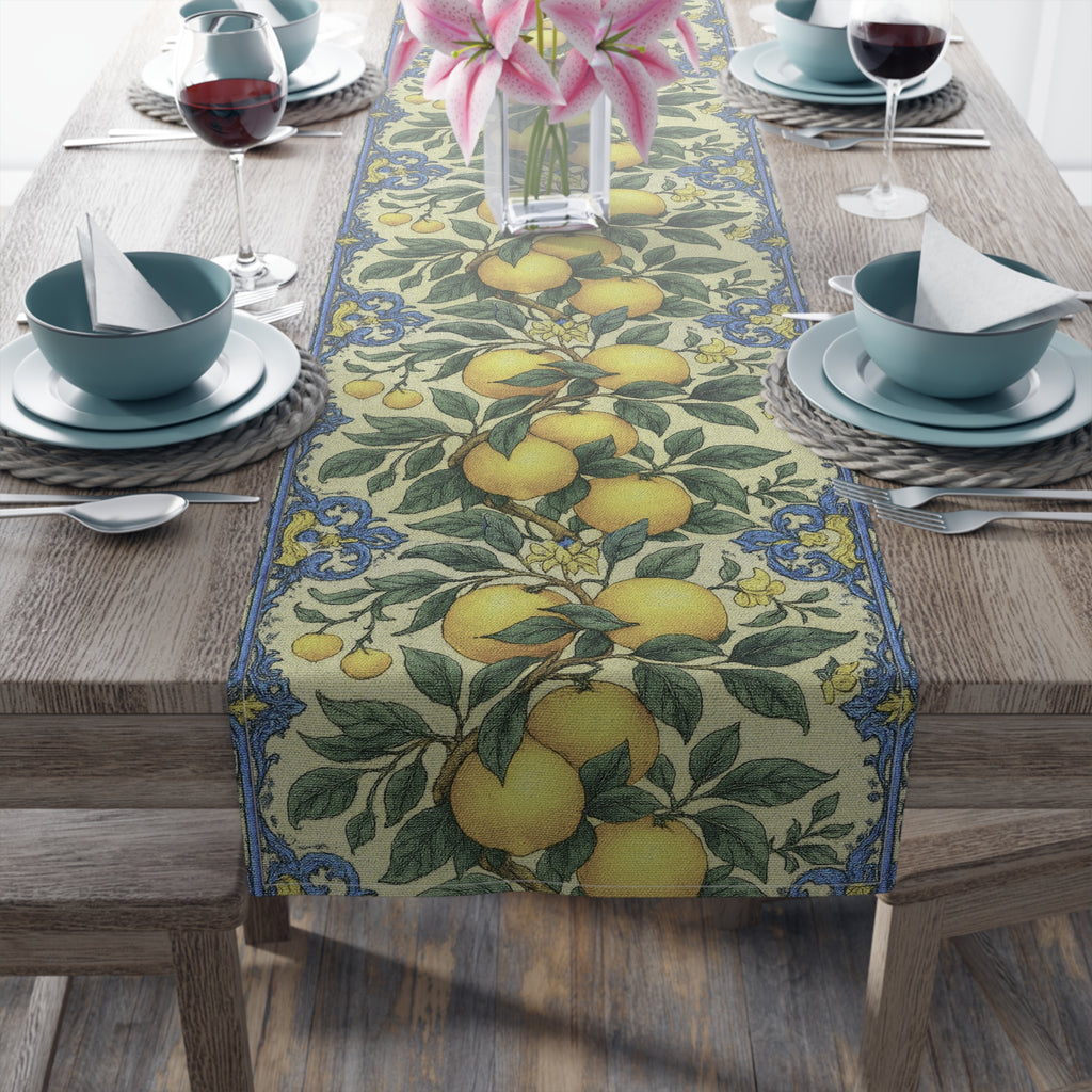 Citrus Riviera Lemon & Orange Table Runner – William Morris Style Botanical Dining Decor | Cotton Twill or Polyester