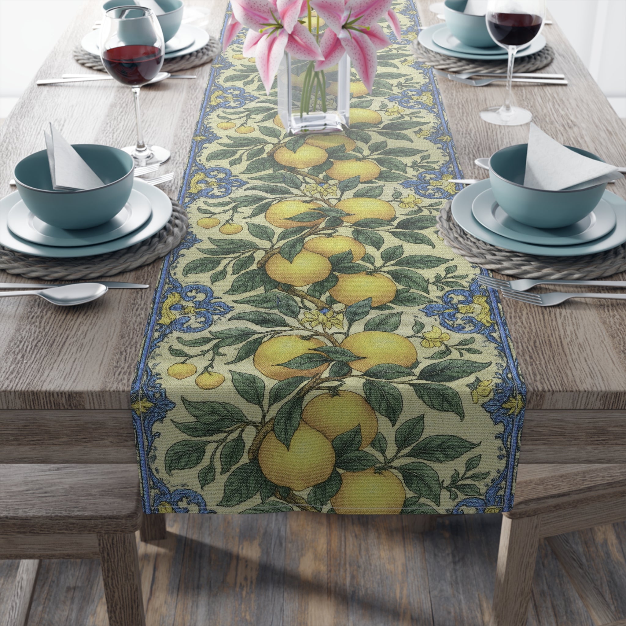Citrus Riviera Lemon & Orange Table Runner – William Morris Style Botanical Dining Decor | Cotton Twill or Polyester
