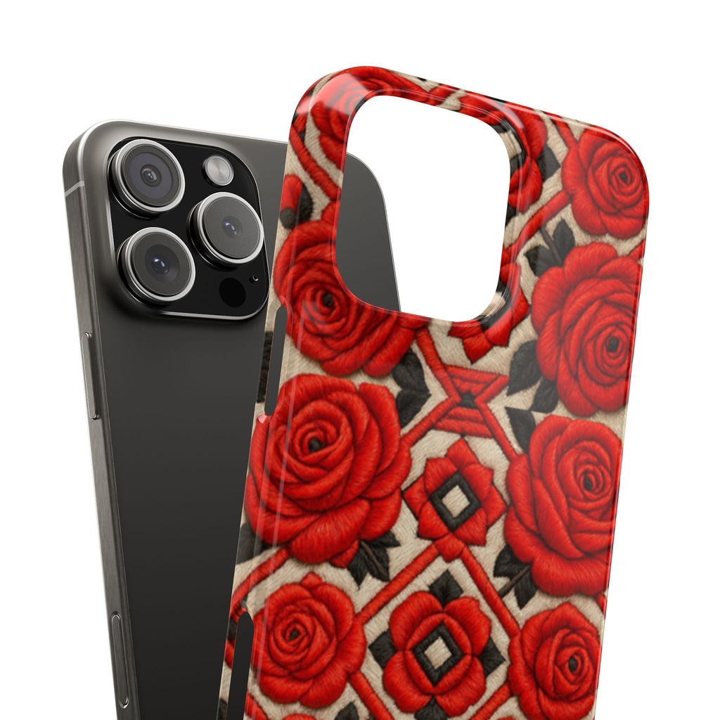 Red Roses iPhone Case | Vintage Floral Geometric Slim Cover | Glossy Protective Tech Gift for Her