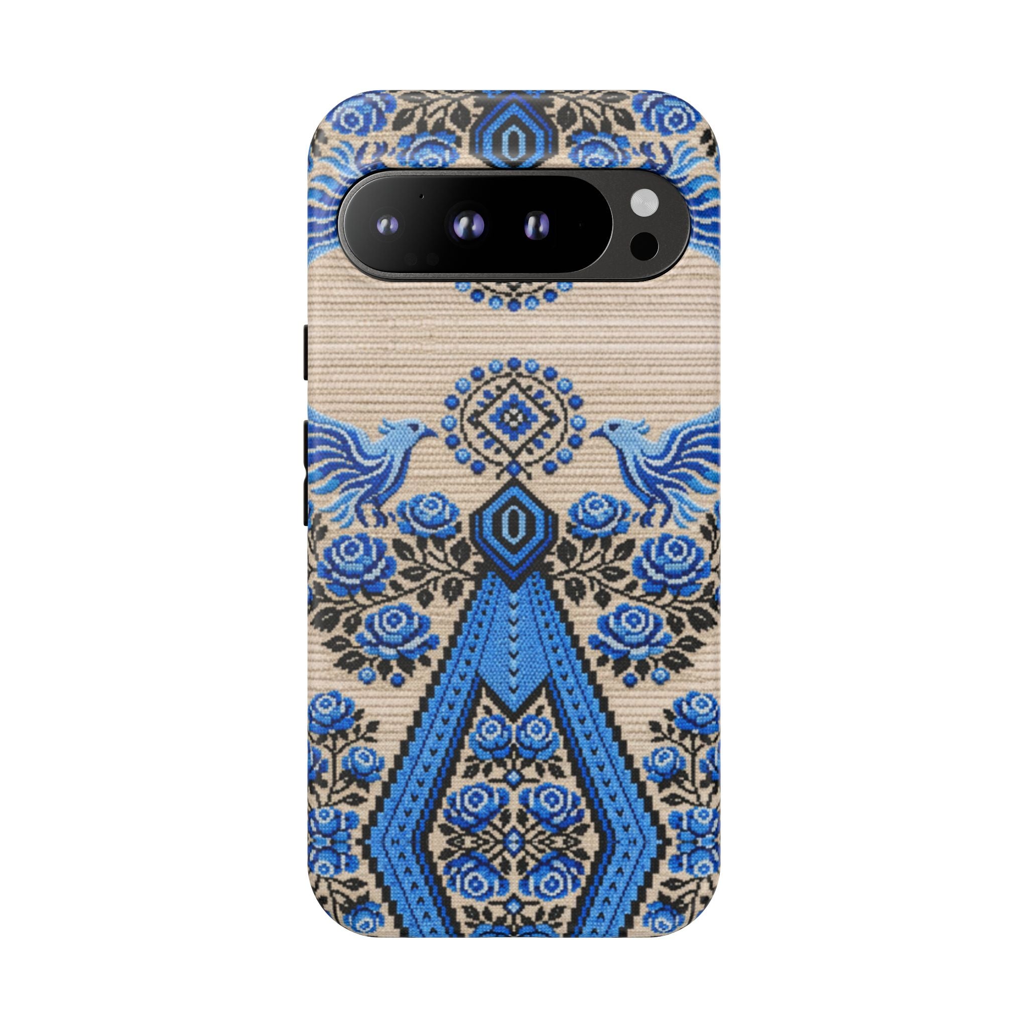 Ukrainian Phone Case  Blue Black Berehynia Design, Falcons & Roses Folk Art, Slavic Embroidery Style Protective Cover