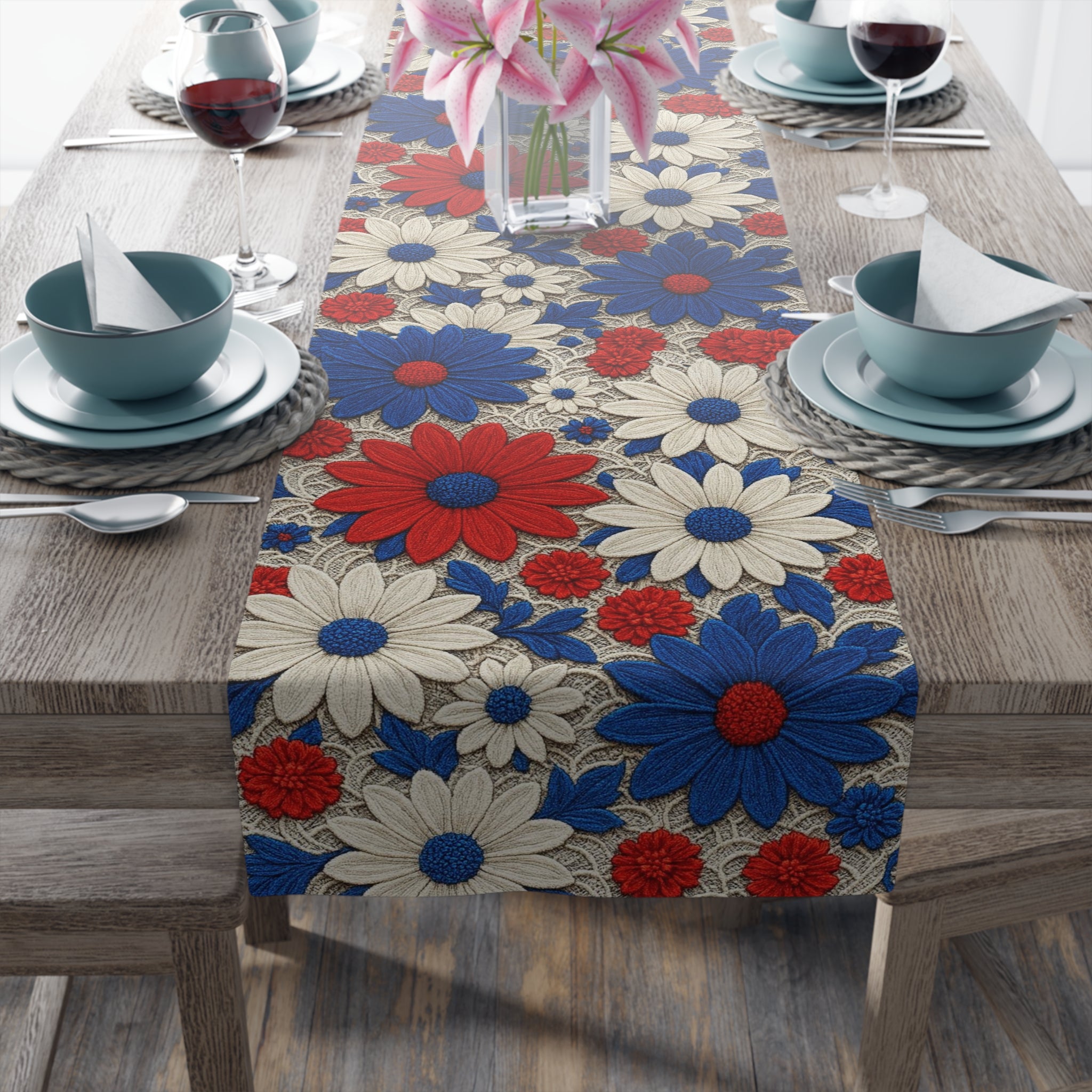Retro Daisy Floral Table Runner — Vintage Farmhouse Boho Decor, Cotton or Polyester | BLUESKYDEZIGN